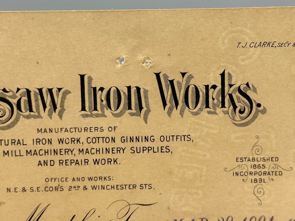 1901 CHICKASAW IRON WORKS Letterhead COTTON GIN Antique Farm Advertising MEMPHIS