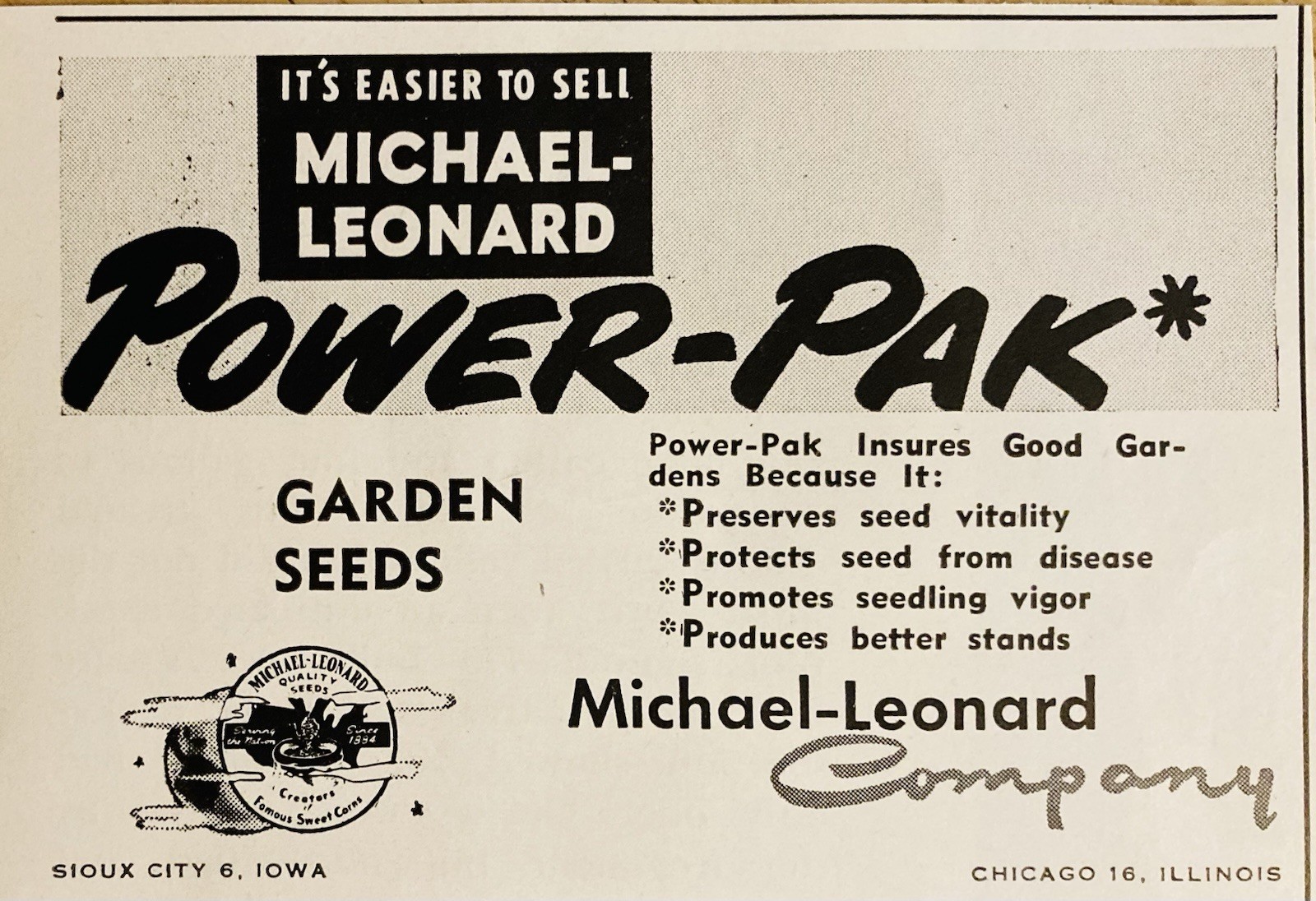 1950 AD.(XH83)~MICHAEL-LEONARD CO. SIOUX CITY, IOWA. POWER-PAK GARDEN SEEDS