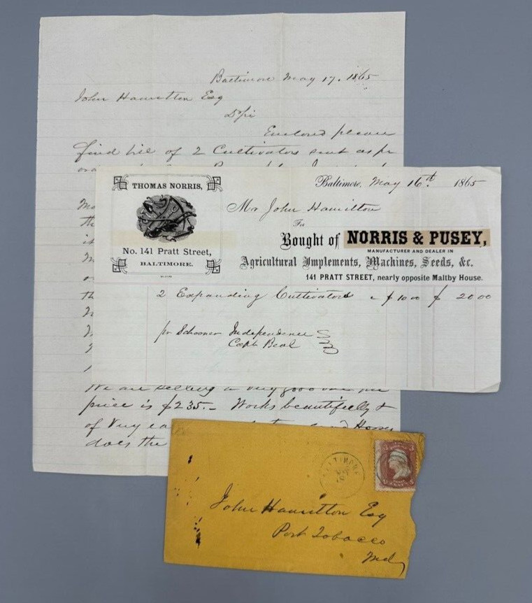 1865 Norris FARM Machinery Seeds Advertising Billhead BALTIMORE Postal Cover