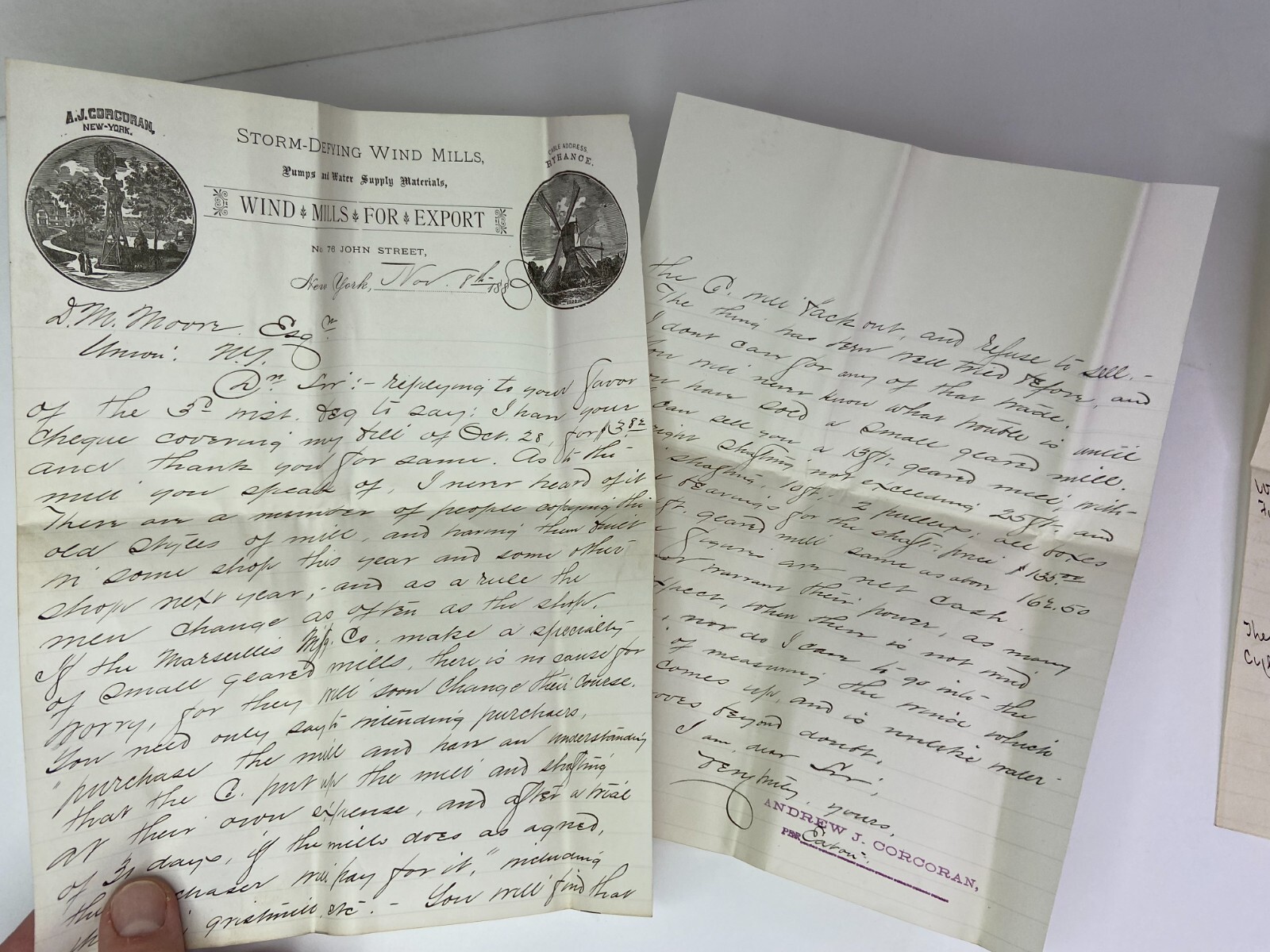 RARE ARCHIVE Letters EPHEMERA Billheads etc – Andrew Corcoran Wind Mills NY 1883