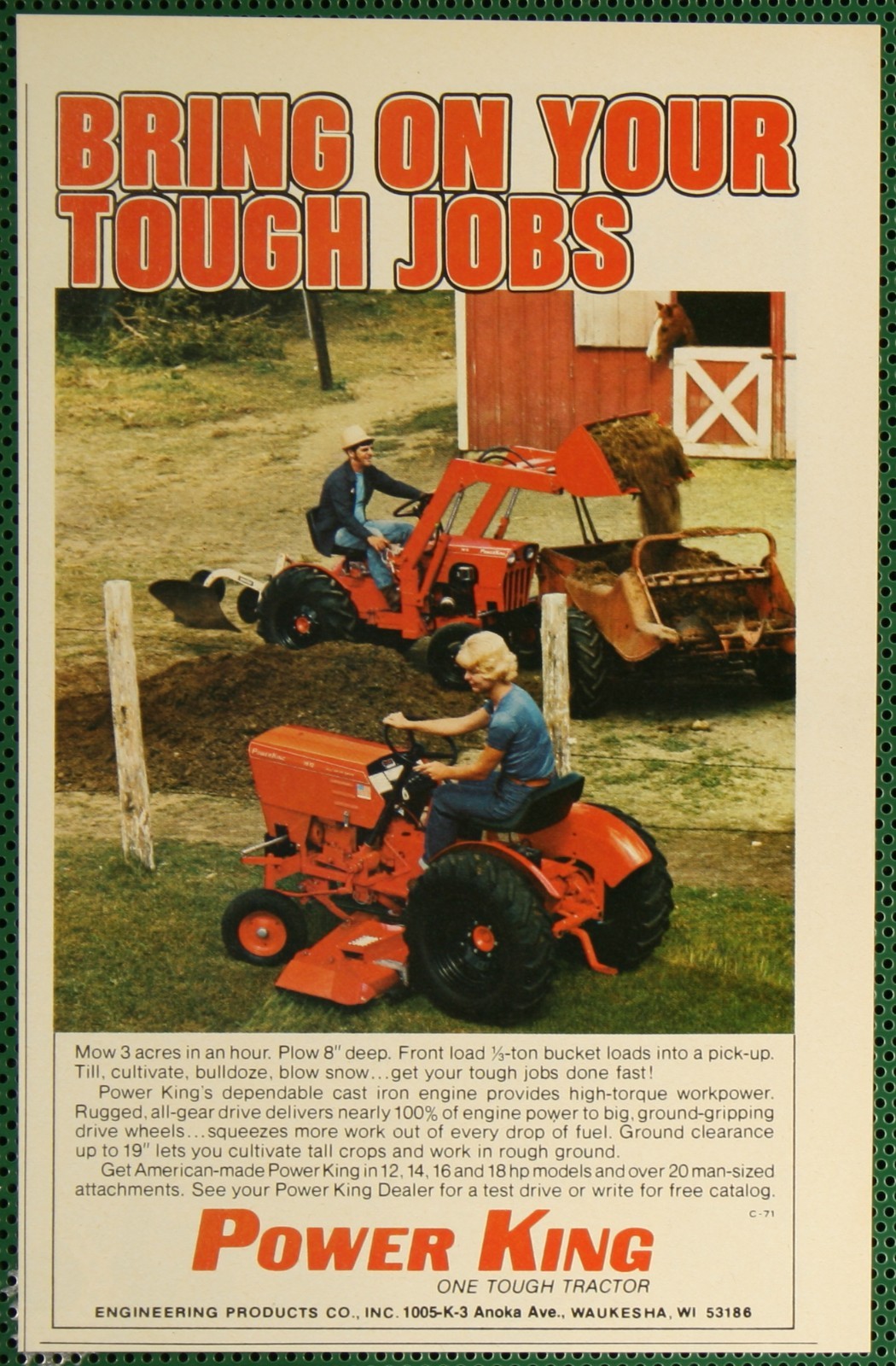 Power King Tractor Loader Plow 12-18hp 20 Attachments Vintage Print Ad 1980