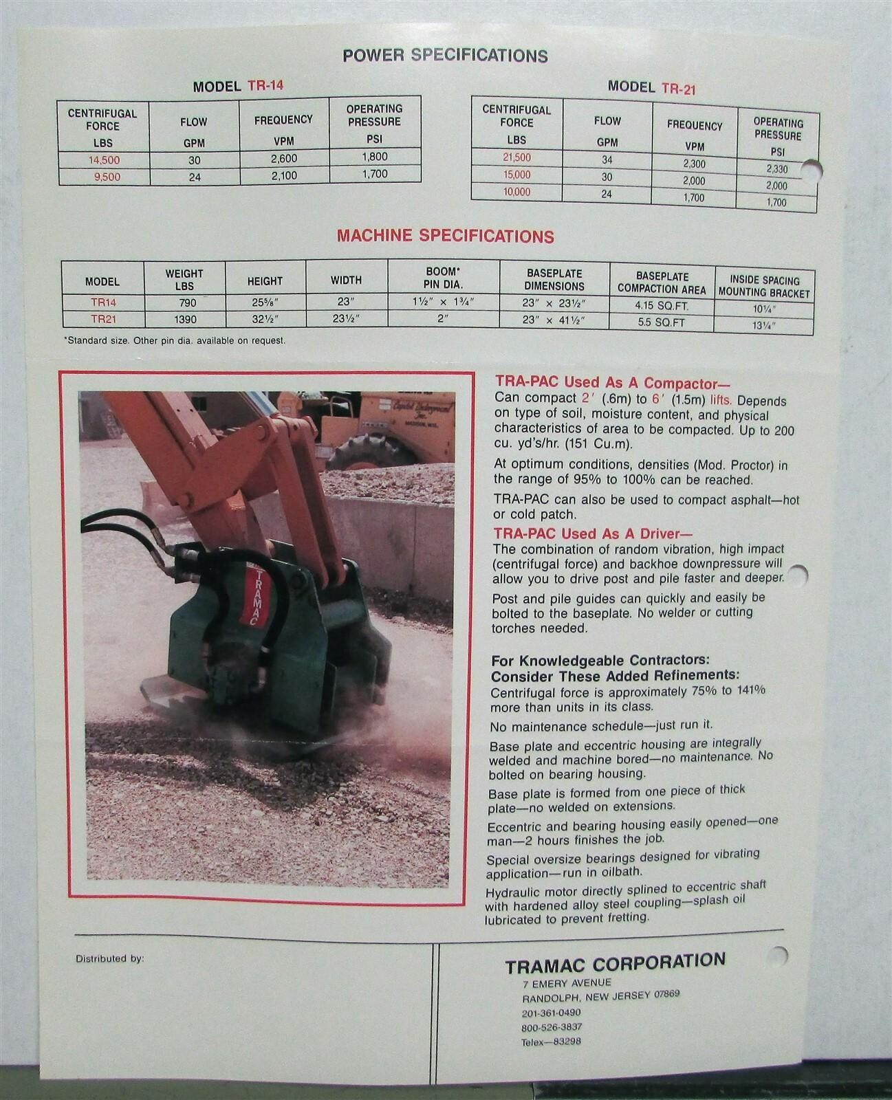 1980s Tramac Happy Hammers TRA-PAC TR-14/21 Construction Sales Data Sheet