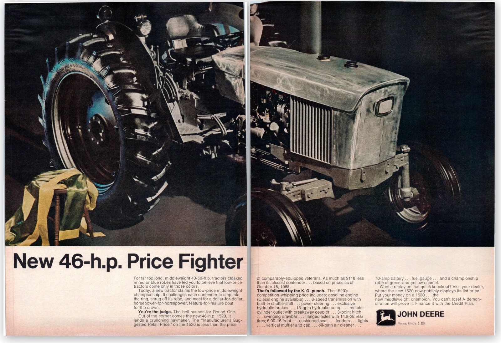 1969 John Deere 1520 Farm Tractor 60&rsquo;s Vintage 2-Page Print Ad