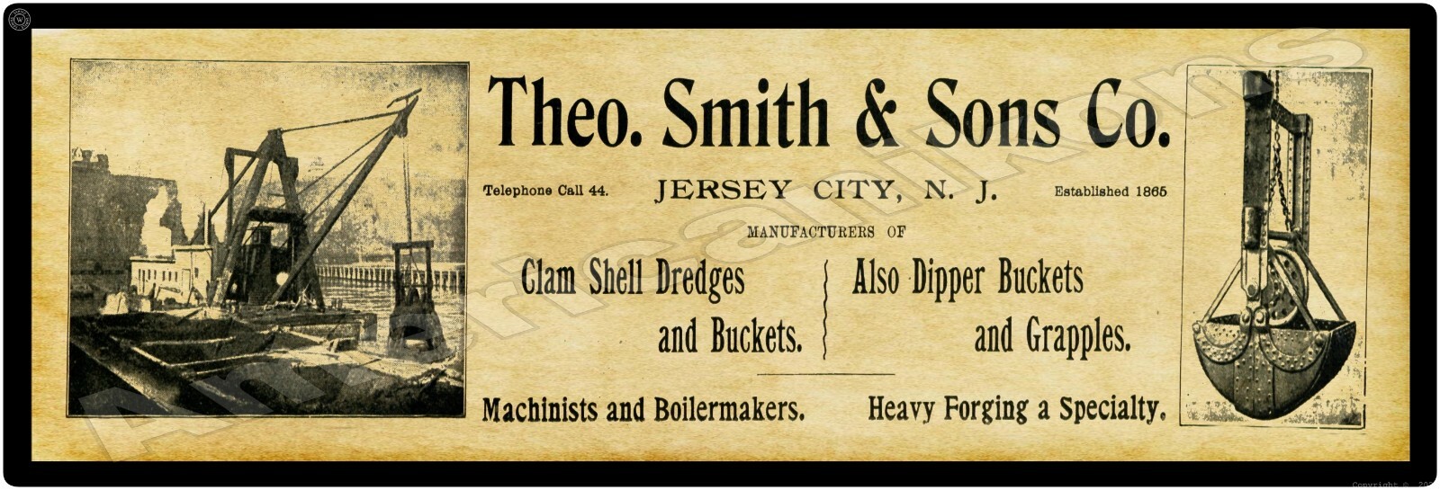 1901 Theo. Smith & Co. Wheel Scrapers New Metal Sign: Dredge Equip. NJ – 6 x 18&Prime;