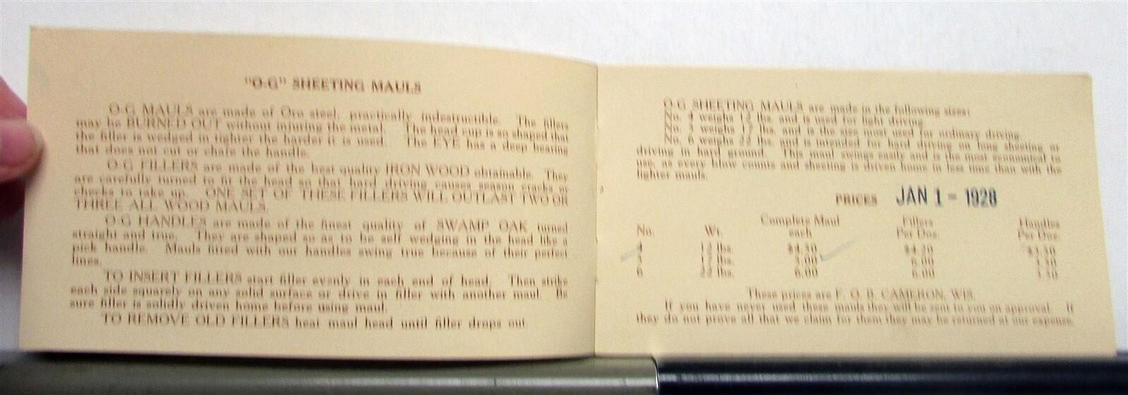 1928 Oak Grove Handle Co O-G Sheeting Mauls Sizing Pricing Sales Brochure