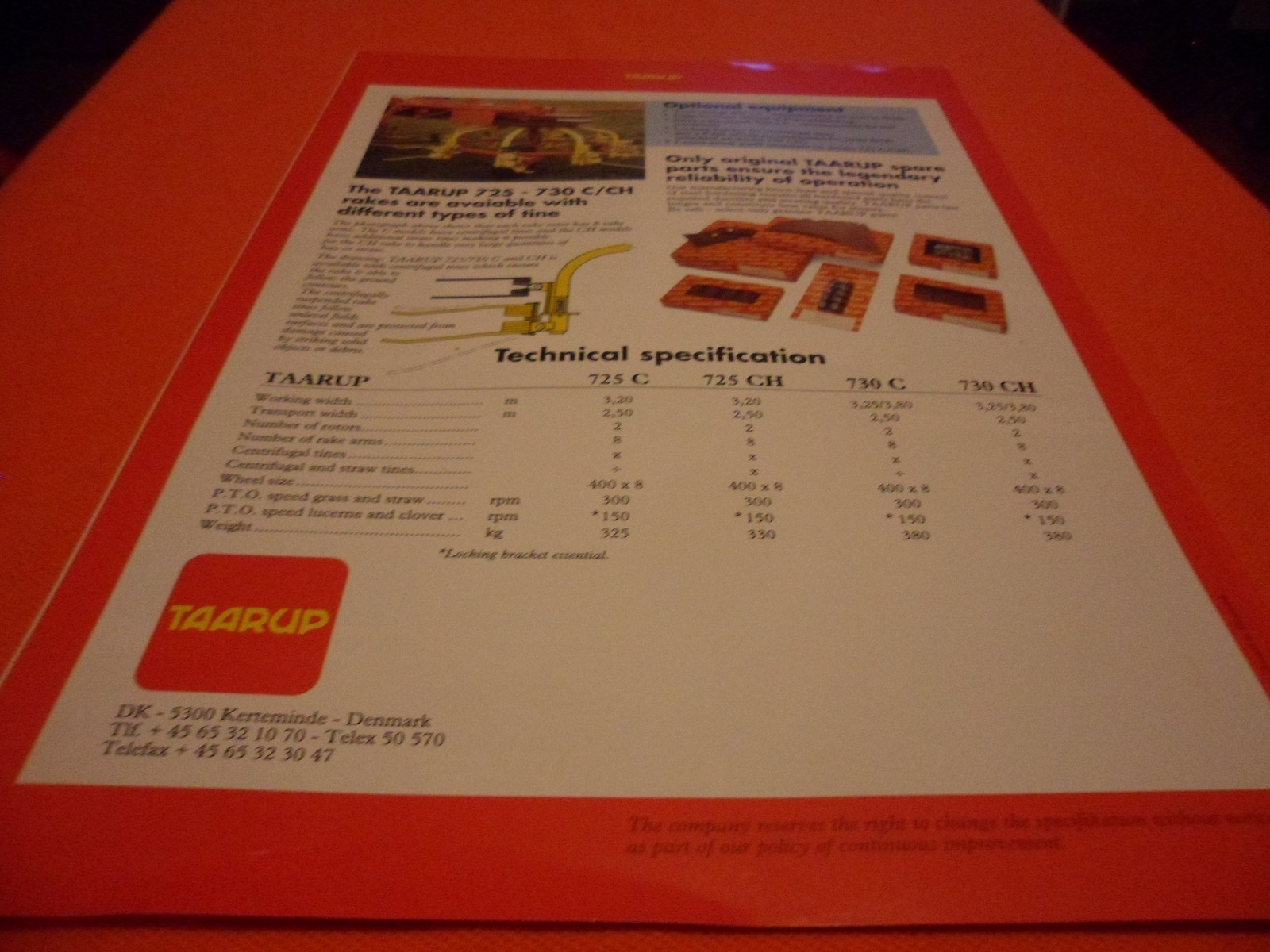 (Drawer 9) Taarup 725-730 C/CH Universal Rake Hay Straw Brochure Specifications