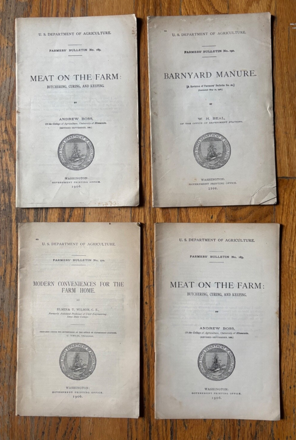 1906 USDA Farmers Bulletins Lot – Meat, Manure, Farm Home – Set of 4 Vintage