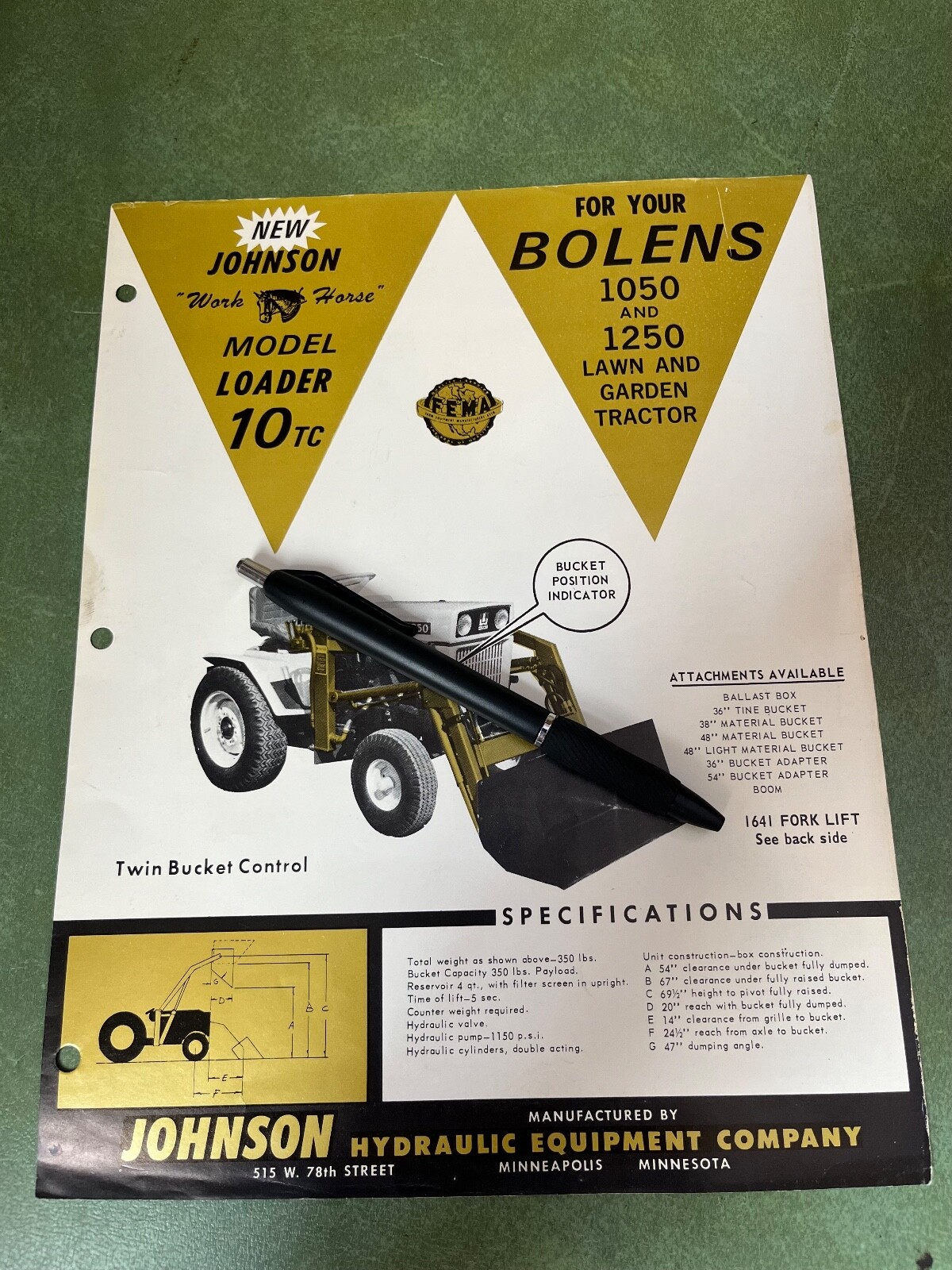 Original Johnson Loader Single Page Brochure Bolens