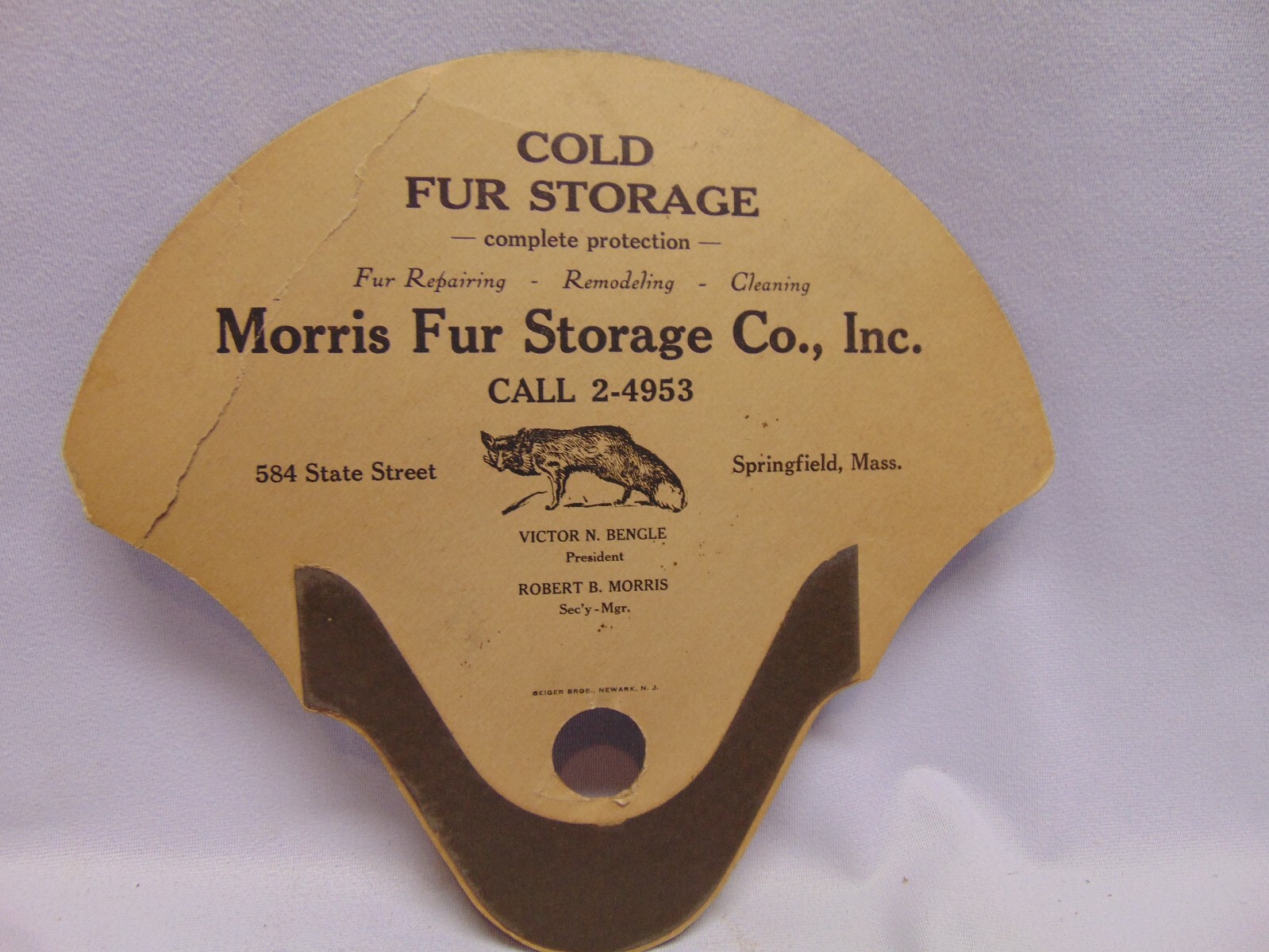 Vintage Morris Fur cold Storage Co Cardboard Advertisement Springfield Mass 10&Prime;