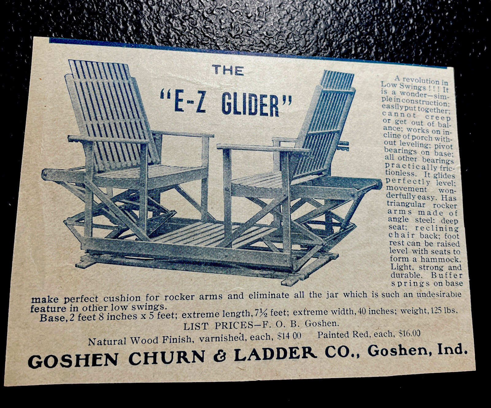 ORIGINAL 1907 E-Z Glider Goshen Churn & Ladder Co. Farm Advertising – Indiana