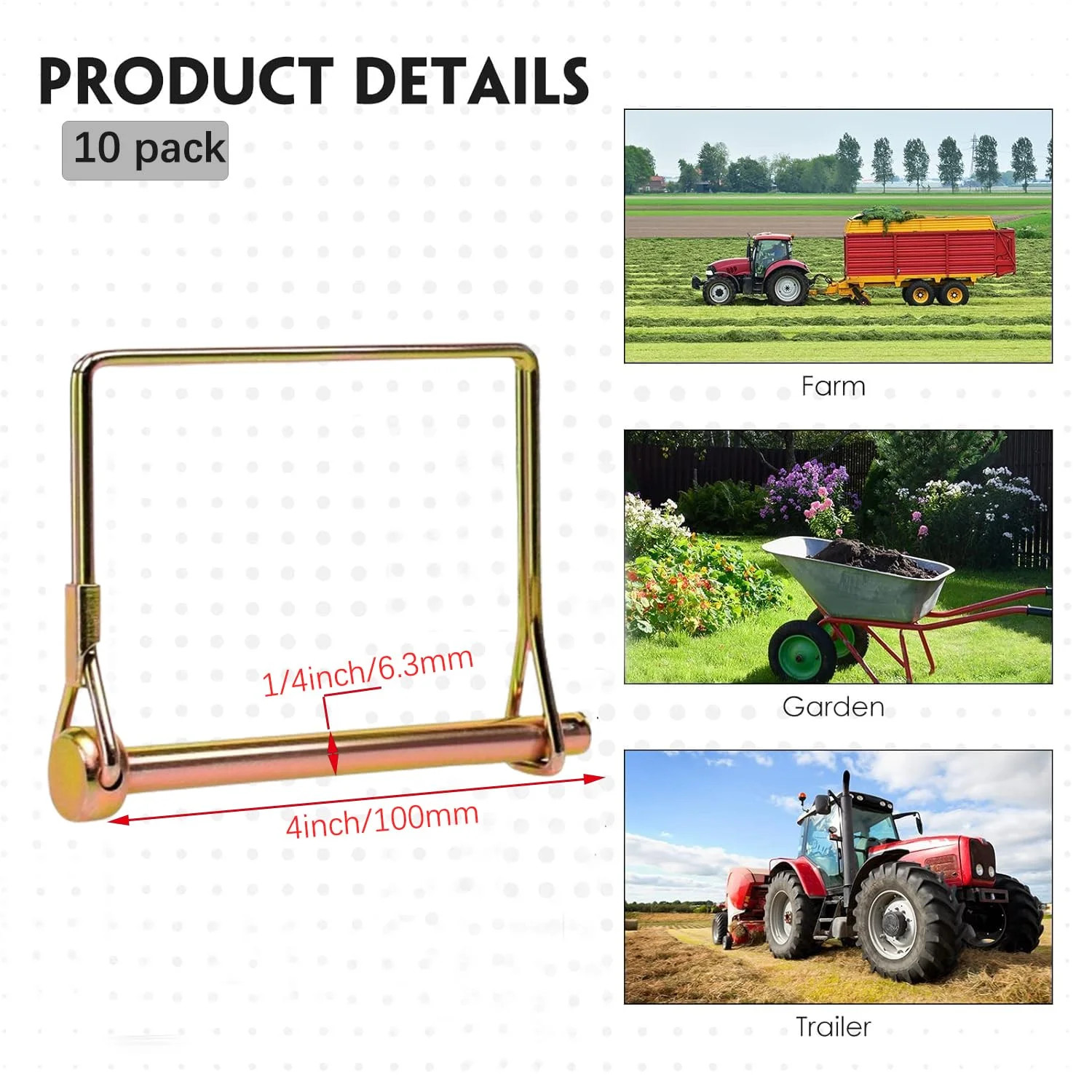 10 Pack 1/4×4 Inch Trailer Coupler Pin Heavy Duty Wire Lock Pin PTO Shaft Lockin