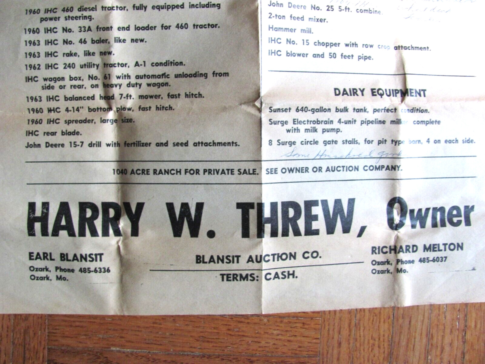 1960&rsquo;S DAIRY FARM AUCTION POSTER SEYMOUR MISSOURI AREA HARRY THREW