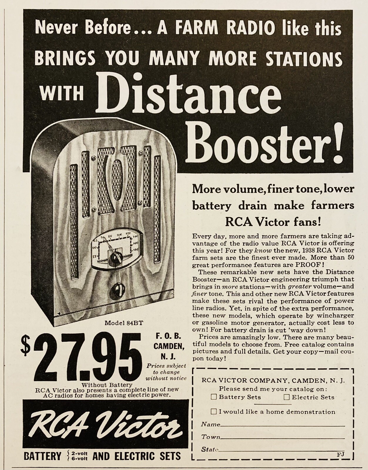 1937 AD.(XH81)~RCA VICTOR CO. CAMDEN, NJ. RCA VICTOR FARM RADIO