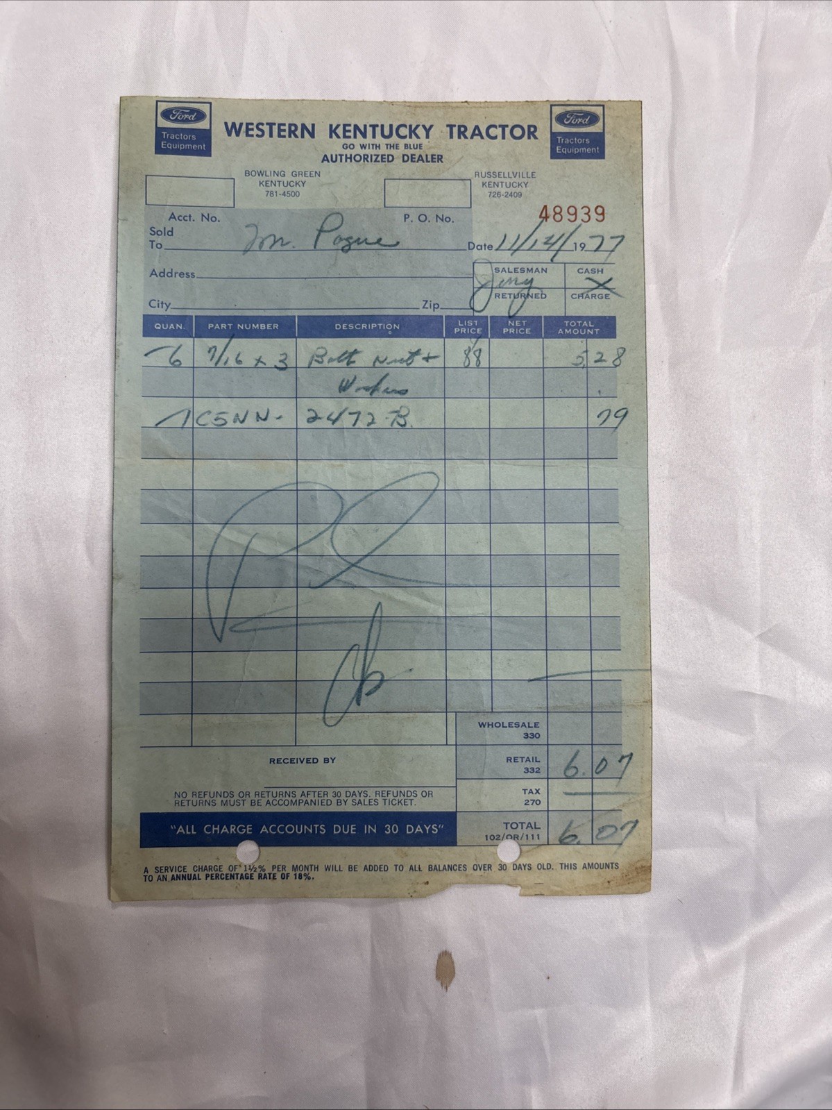 Western Kentucky Ford Tractor receipt 1977 Bowling Green dealership Mr. Payne