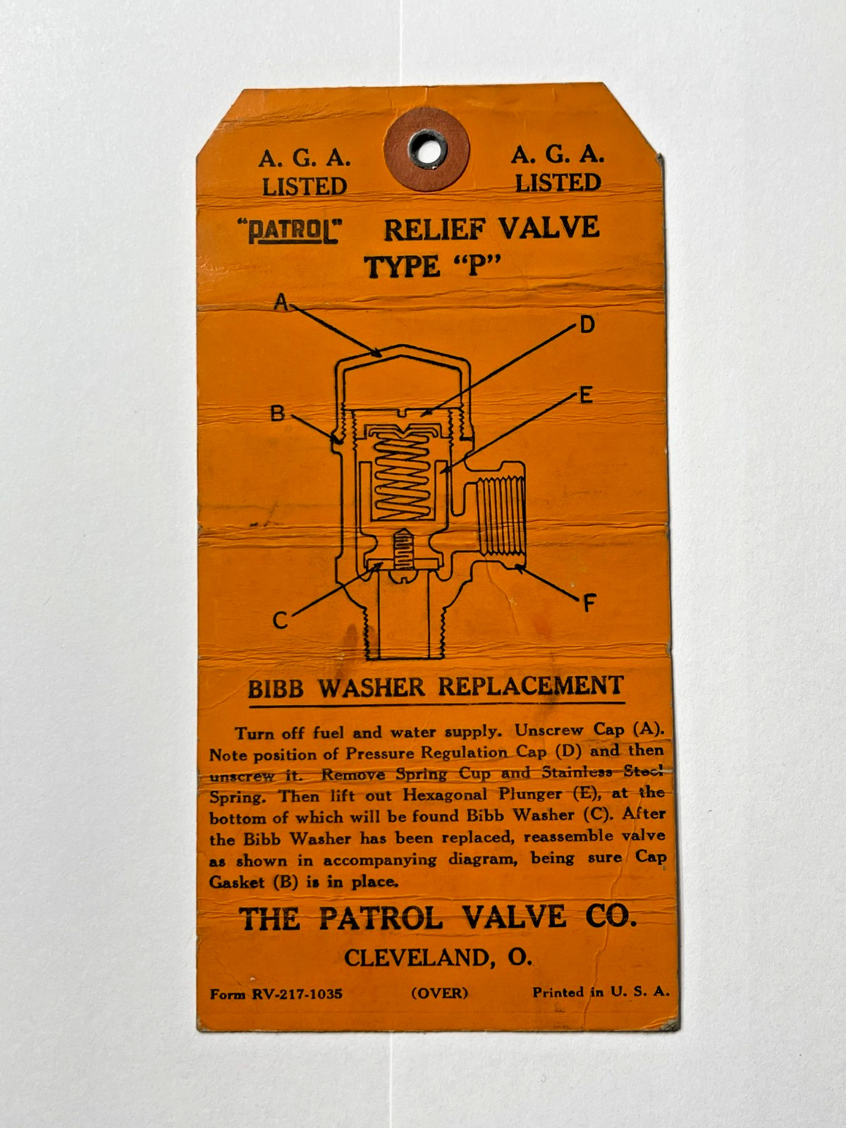 Antique 1950s – The Patrol Valve Co. Equipment Instruction Tag – Cleveland, Ohio