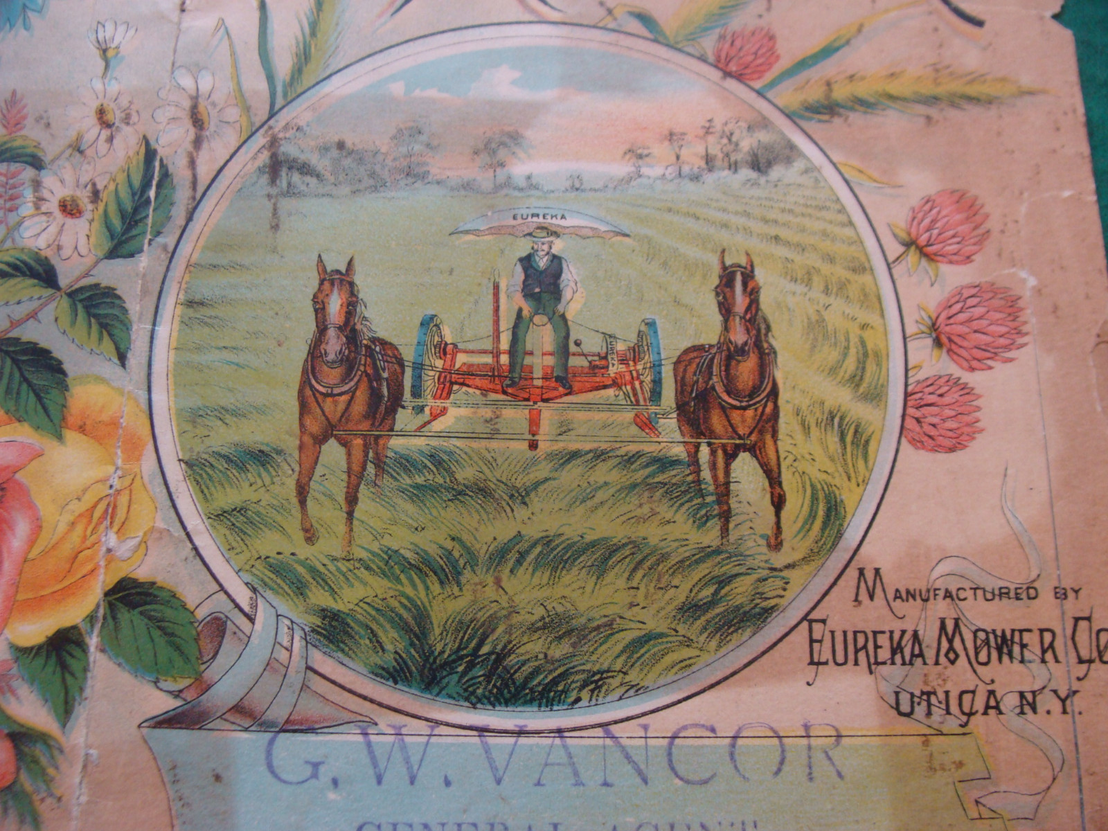 EUREKA MOWER trade card, DOUBLE SIZE & SIDED; taped as shown