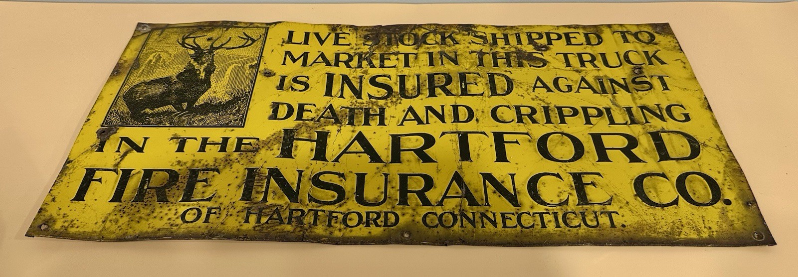 Vintage Hartford Fire Insurance Live Stock Market Metal Sign 23 1/2&Prime; X 11 1/4&Prime;