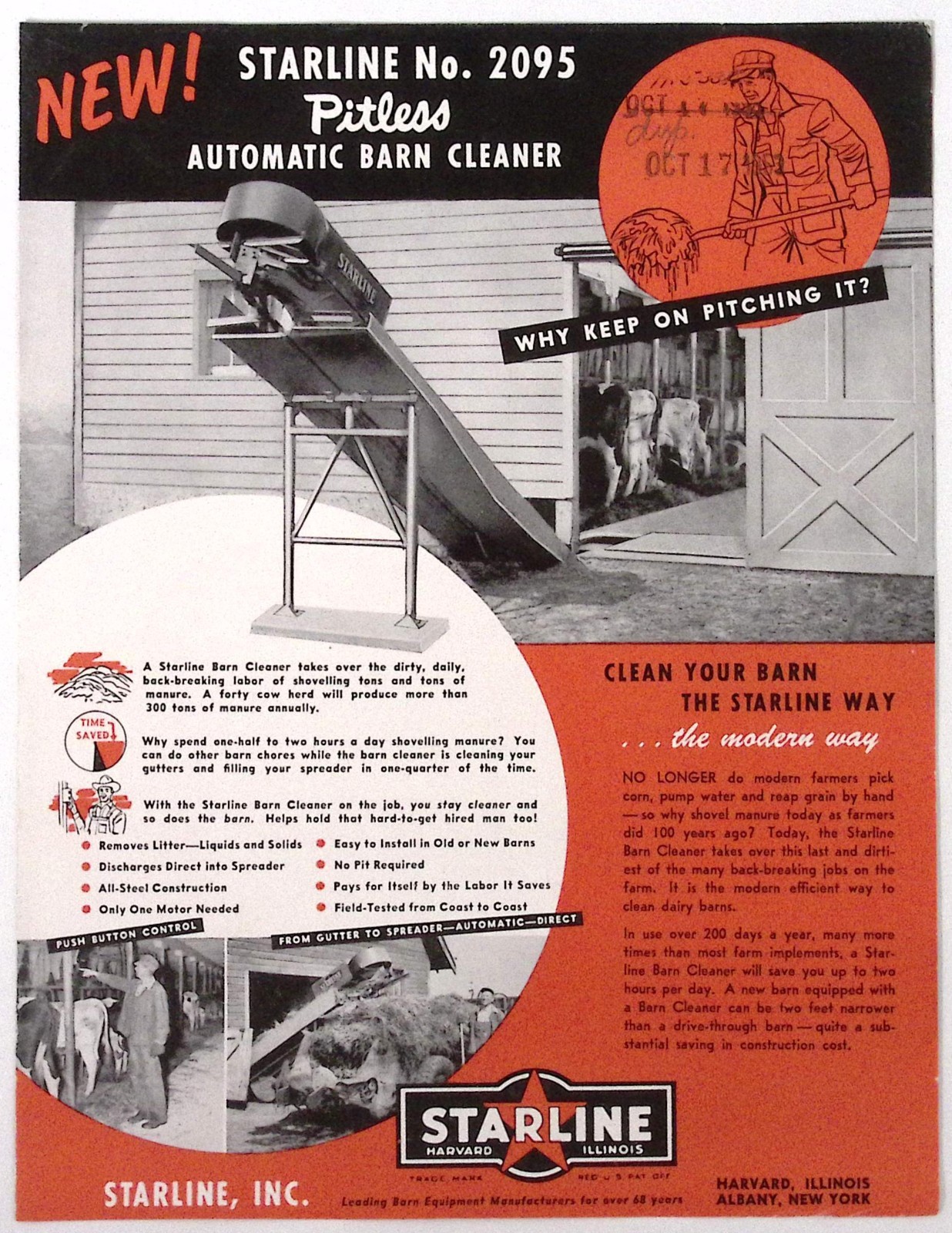1952 Starline No. 2095 Pitiless Barn Cleaner Brochure Starline Inc Harvard IL