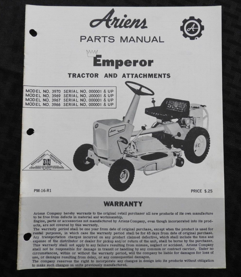 ORIG 1968-1969 ARIENS Emperor 7 Riding Lawn Mower Tractor Parts Catalog Manual