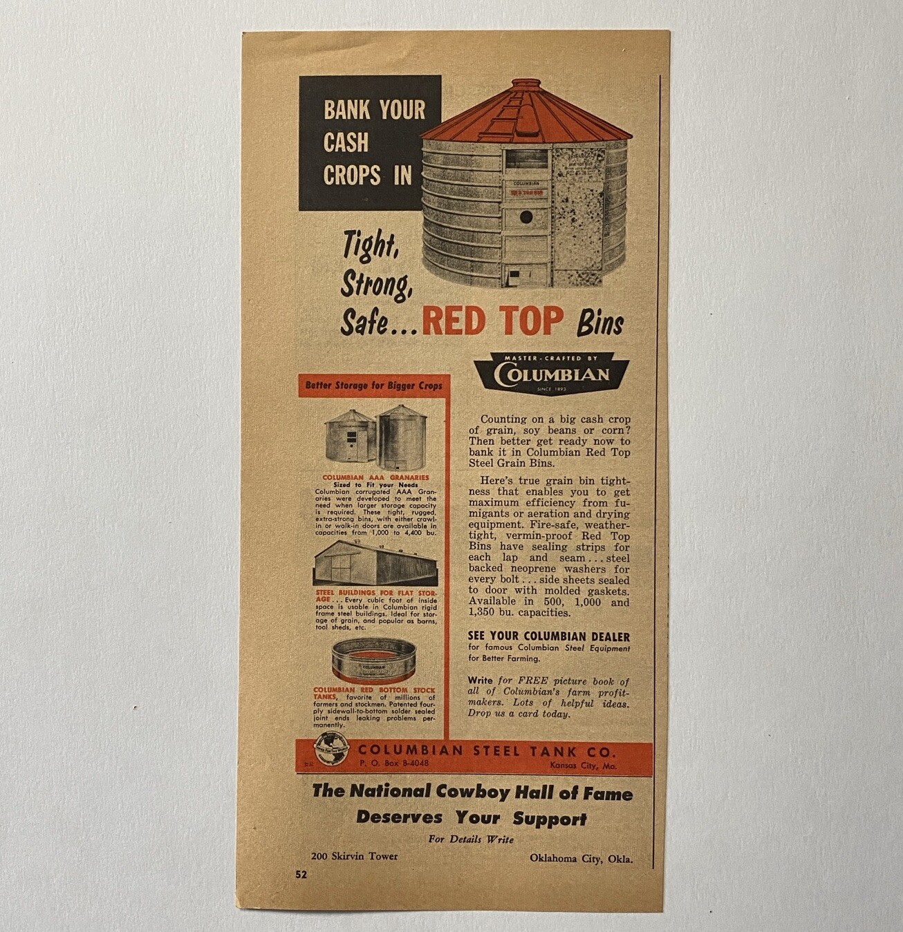 Columbian Steel Tank Co Red Top Bins 1958 National Cowboy Hall Of Fame Print Ad
