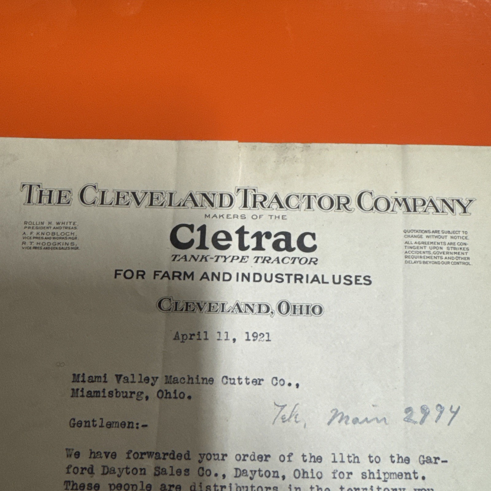 Cleveland Tractor Company Cletrac Letterhead April 11, 1921