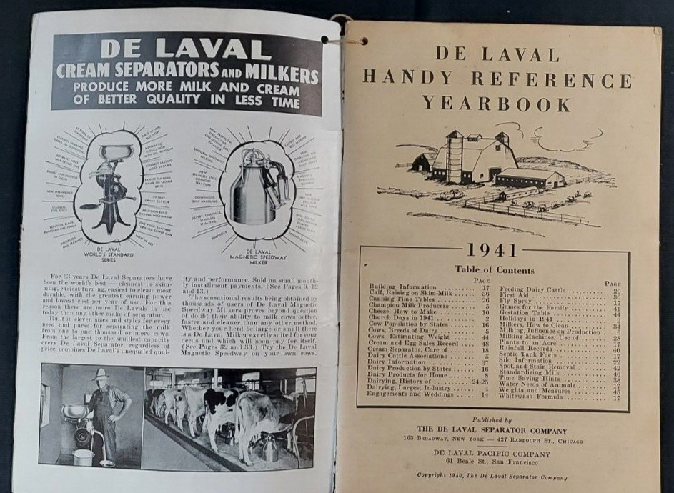 1941 De Laval Handy Reference Yearbook Farm Dairy Cream Separator Schlosser Indy