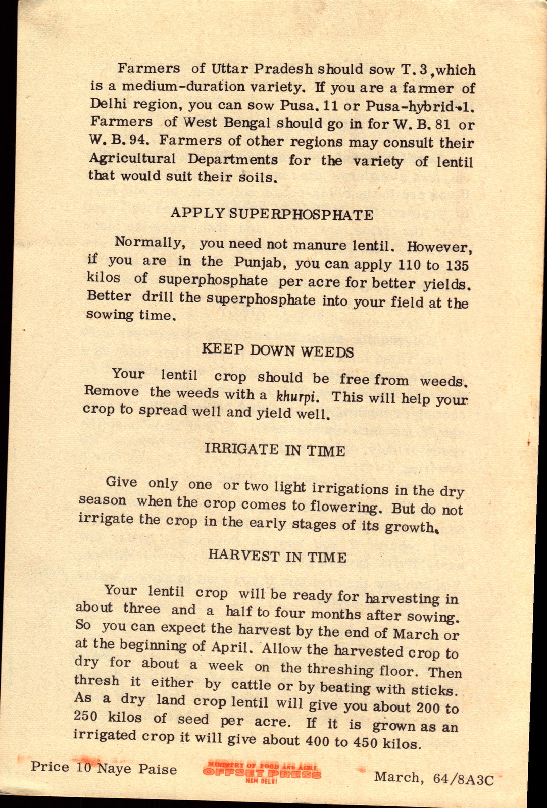 Vintage India Farming Brochure Raise Lentil The Improved Way New Delhi