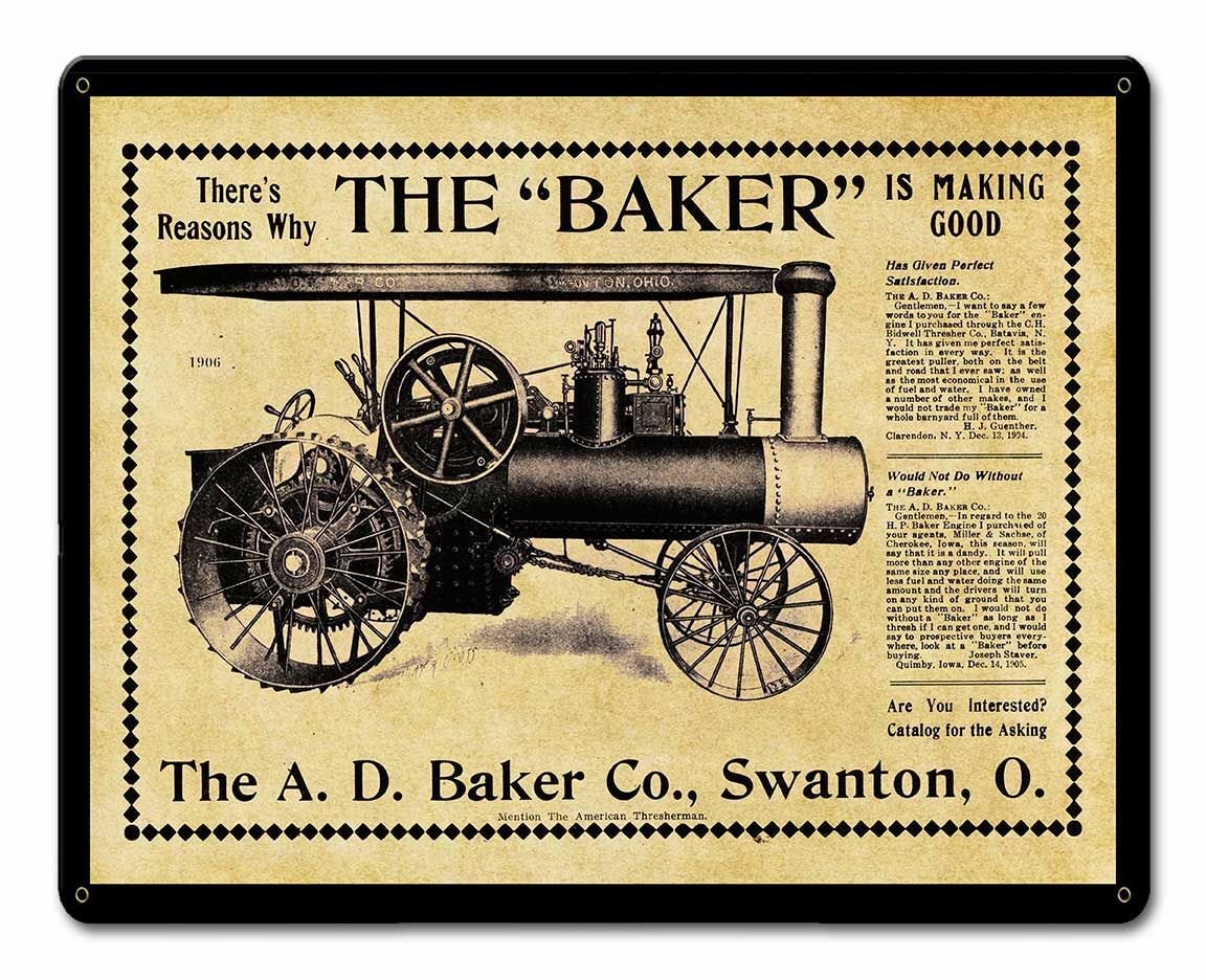 A.D. BAKER CO. 1906 FARM TRACTOR 15&Prime; HEAVY DUTY USA MADE METAL ADVERTISING SIGN