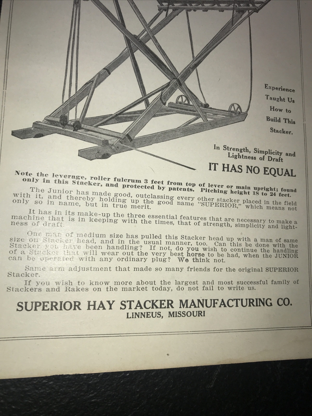 1916 Superior Hay Stacker Farm Advertising – Linneus – Missouri