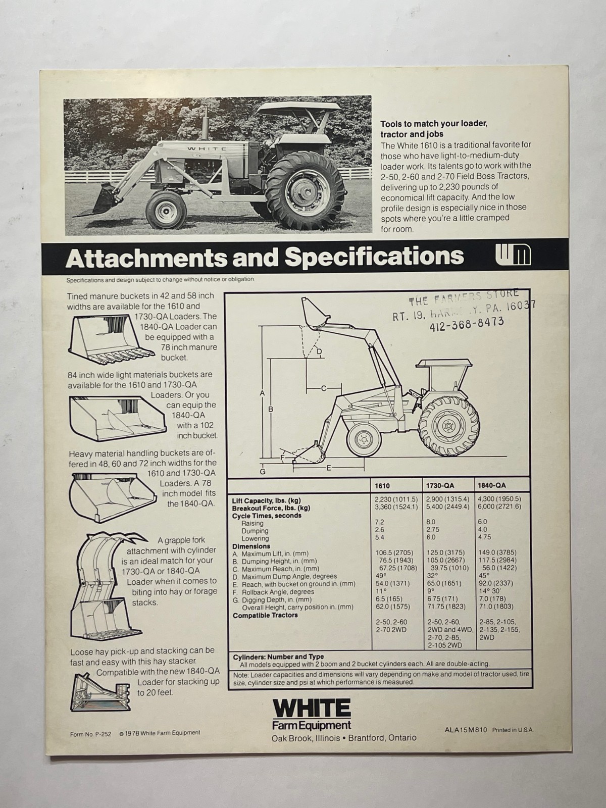 Vintage 1978 – White Tractor Loaders Sales Brochure *Showroom Sales Sheet*