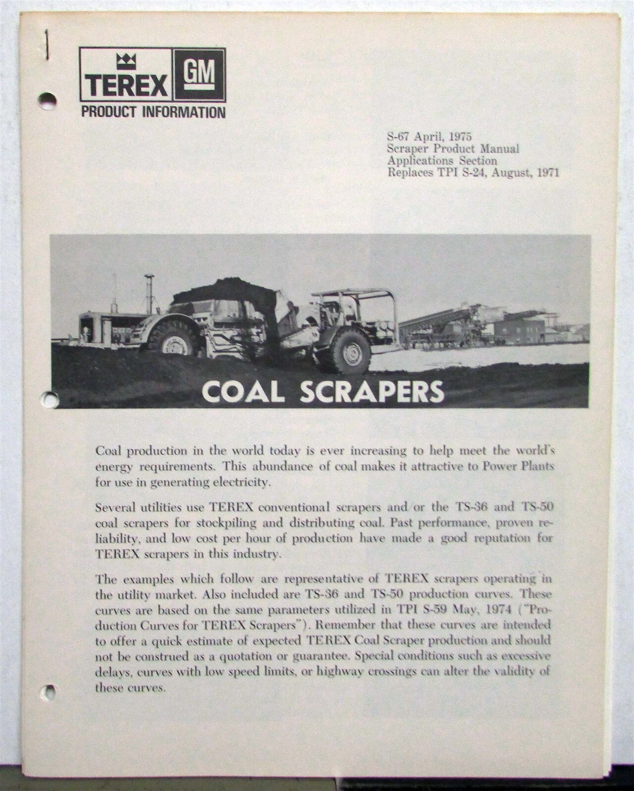 1975 Terex TS 36 TS 50 Coal Scrapers Construction Product Information