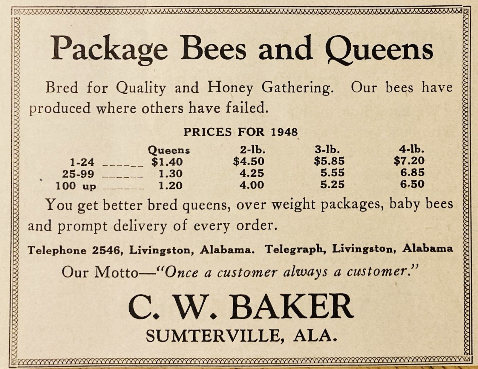 1948 AD.(XH87)~C.W. BAKER, SUMTERVILLE, ALABAMA. PACKAGE BEES AND QUEENS