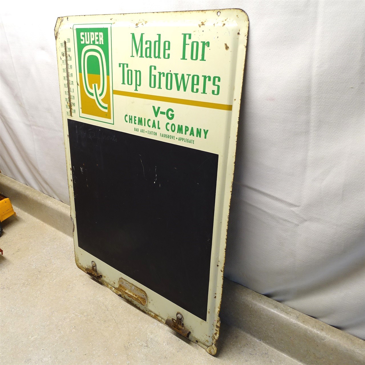 Vintage Super Q Fertilizer Sign Therm, V-G Chem. Co. Ag-Farm Ad, Metal 18&Prime; X 24&Prime;