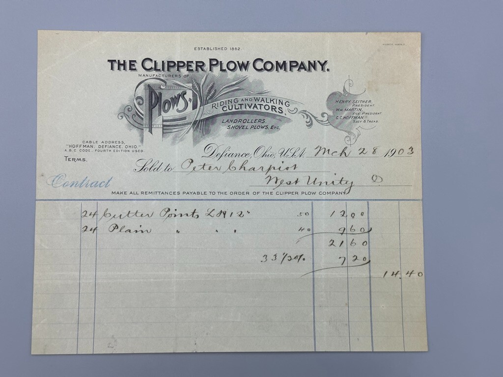 1903 CLIPPER PLOW Company Letterhead Bill Antique Farm Advertising DEFIANCE OHIO