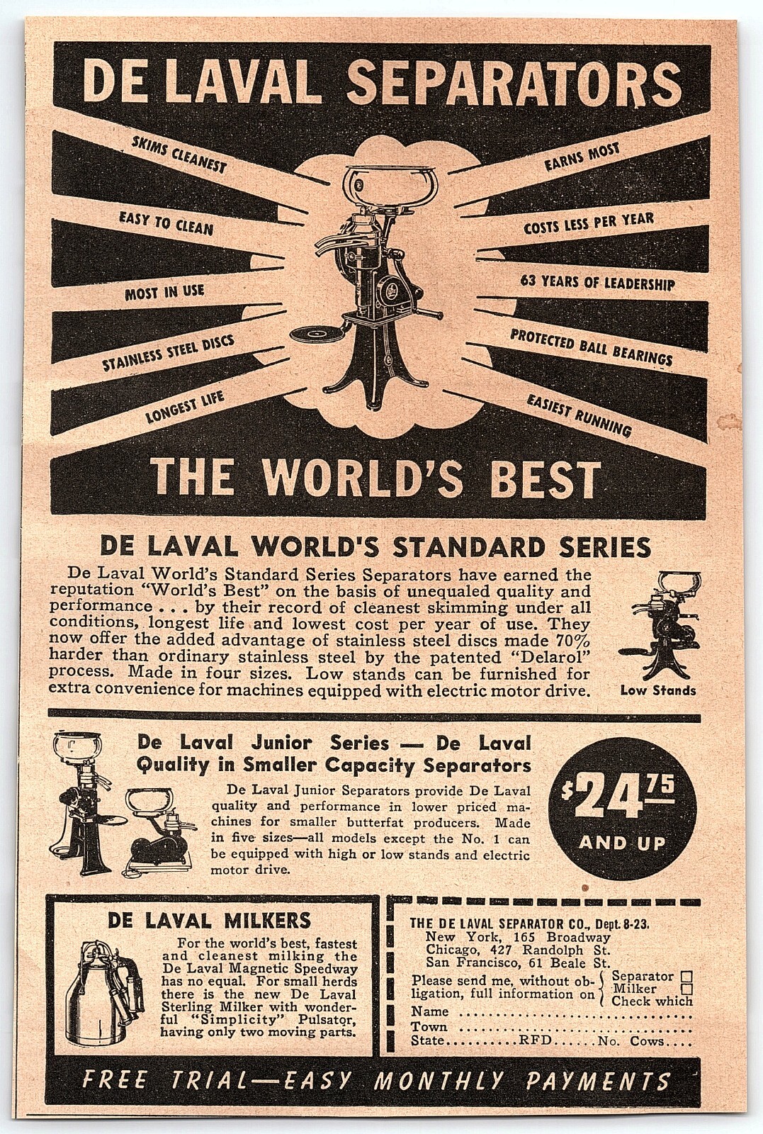 1930s DE LAVAL SEPARATORS THE WORLD&rsquo;S BEST PRINT ADVERTISEMENT Z7224