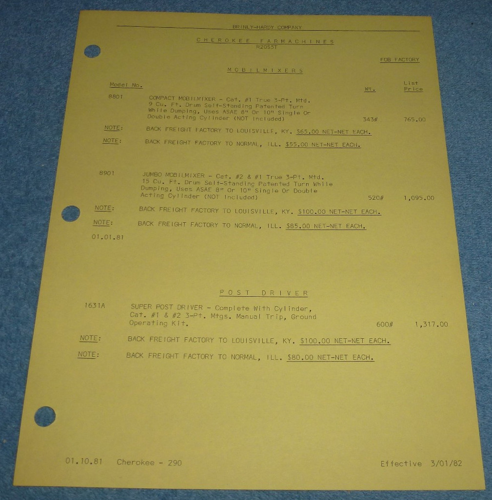 Vintage Cherokee Farmachines Co Mobil Mixers & Super Post Driver Price List 1982
