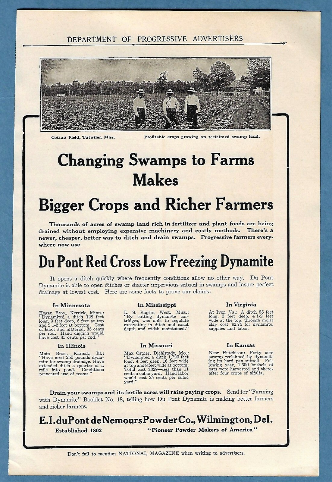 SCARCE 1912 AD for DuPont DYNAMITE ~ CHANGING SWAMPS TO FARMS ~ TUTWILER, MS