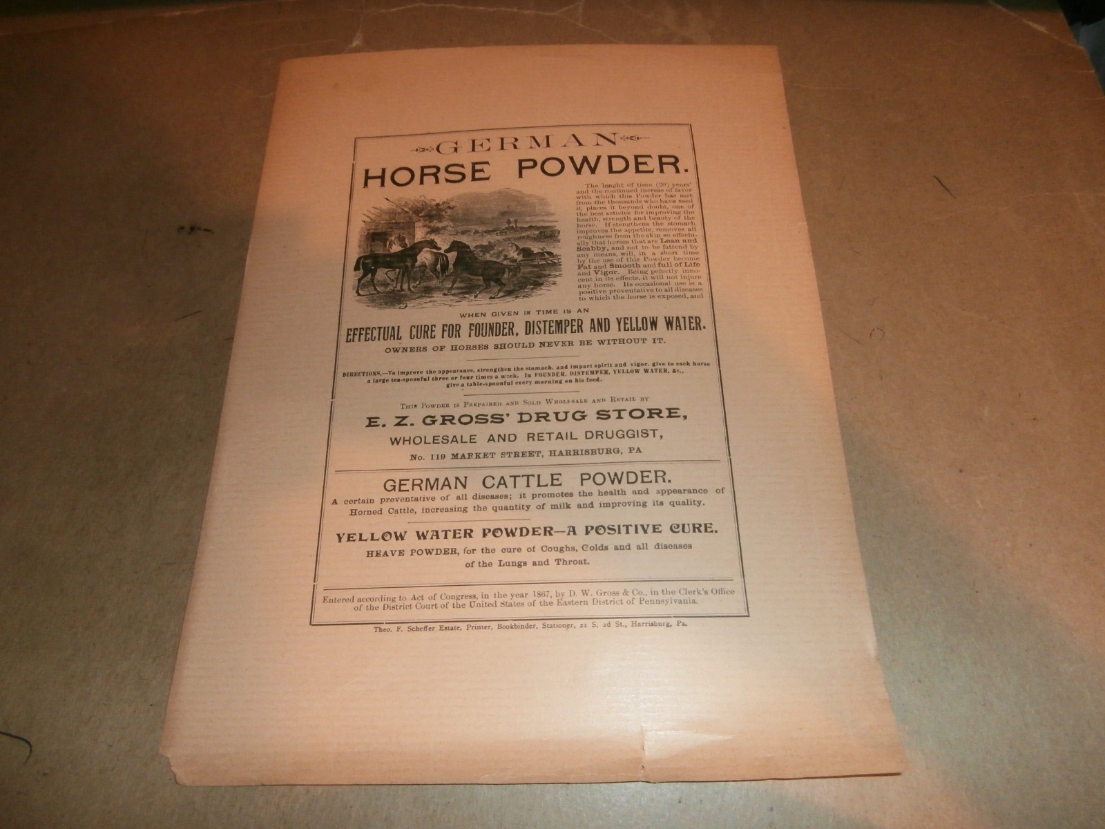 Harrisburg PA E Z Gross Drug Store German Horse Cattle Powder 1800&rsquo;s Paper Ad