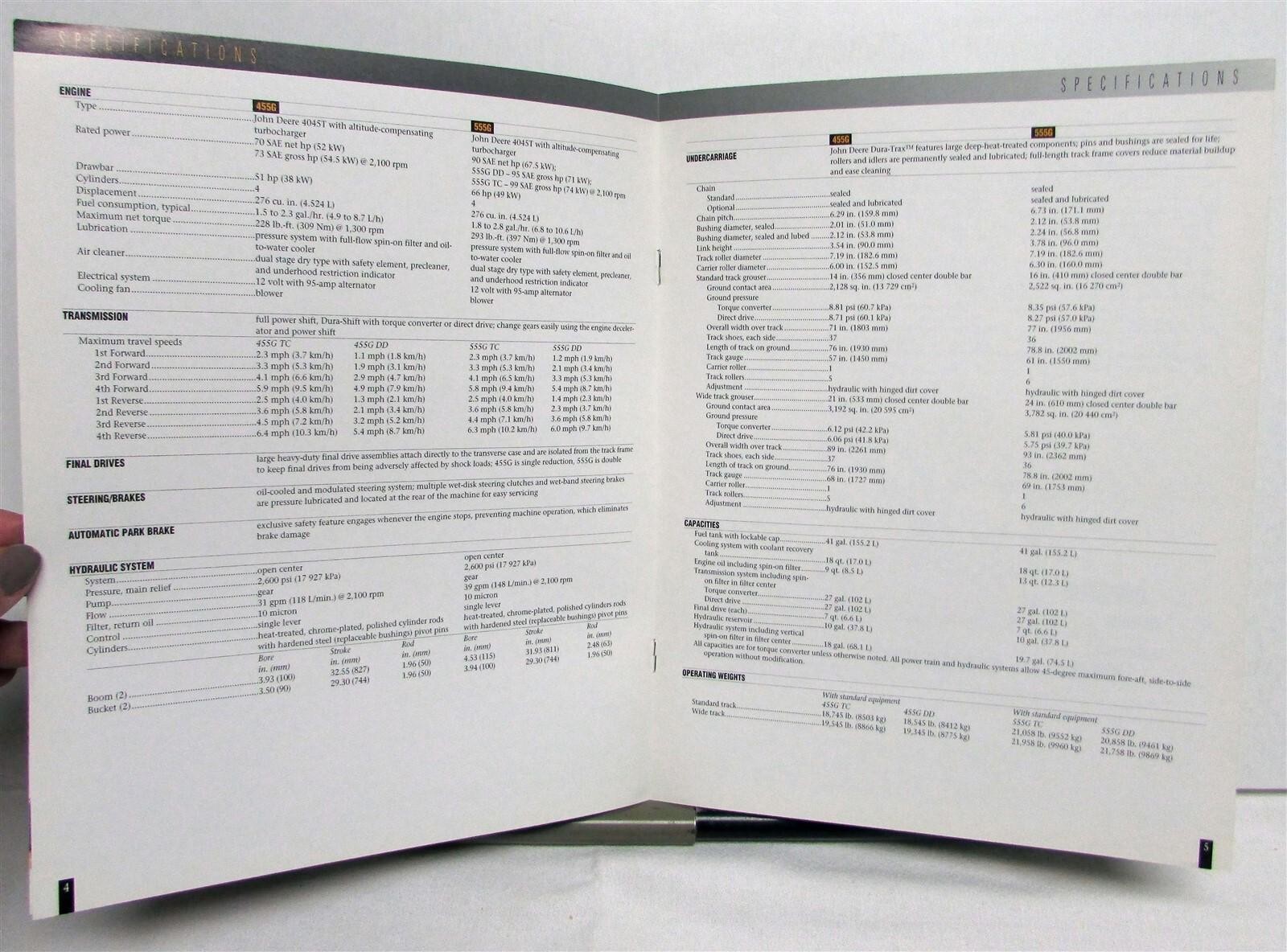 1995 John Deere 455G 555G Series IV Crawler Loader Specs Construction Brochure