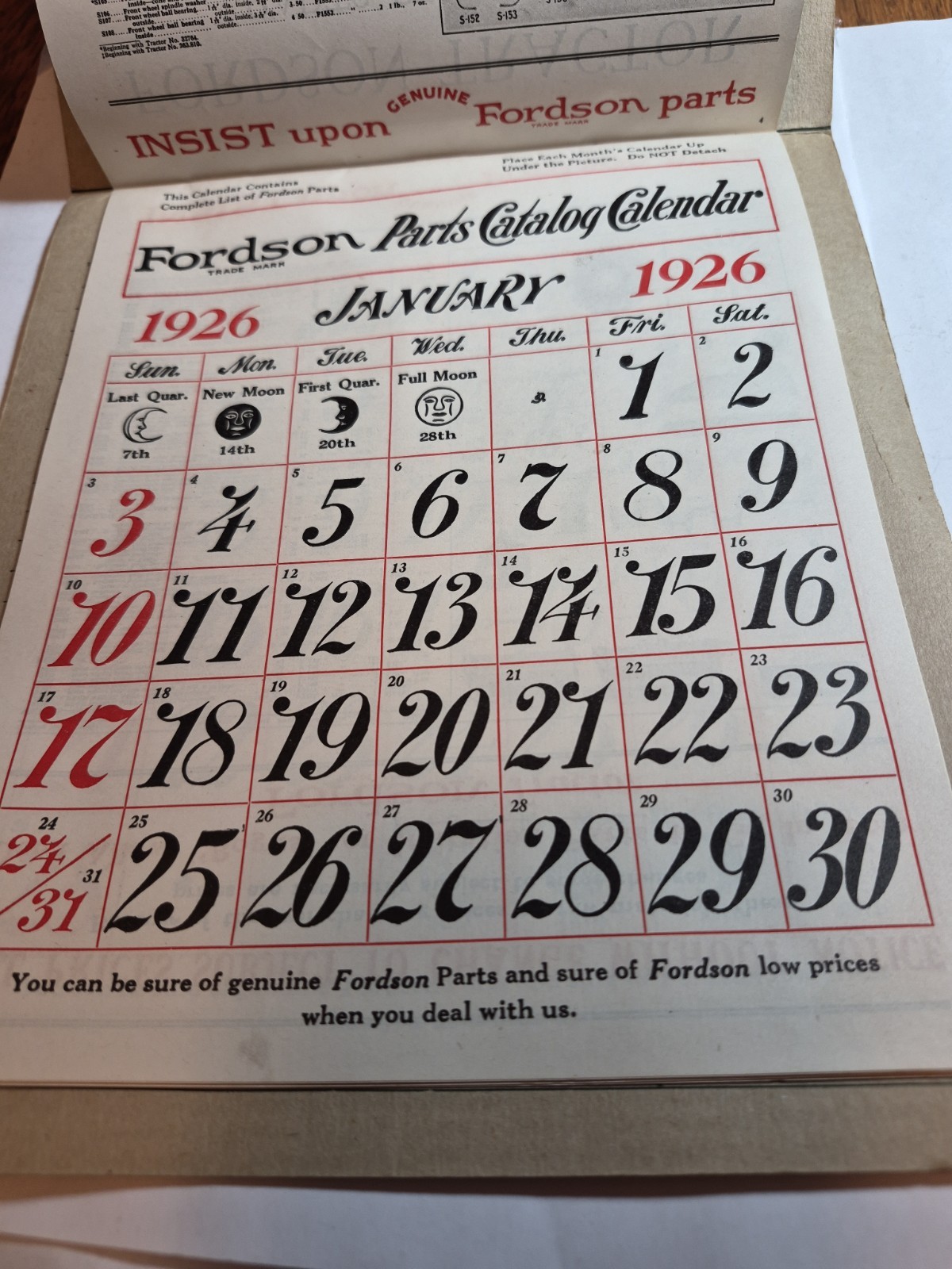 RALPH FULTON FORDSON TRACTOR CALENDAR AND PARTS LIST VINTAGE 100 Years Old! 1926