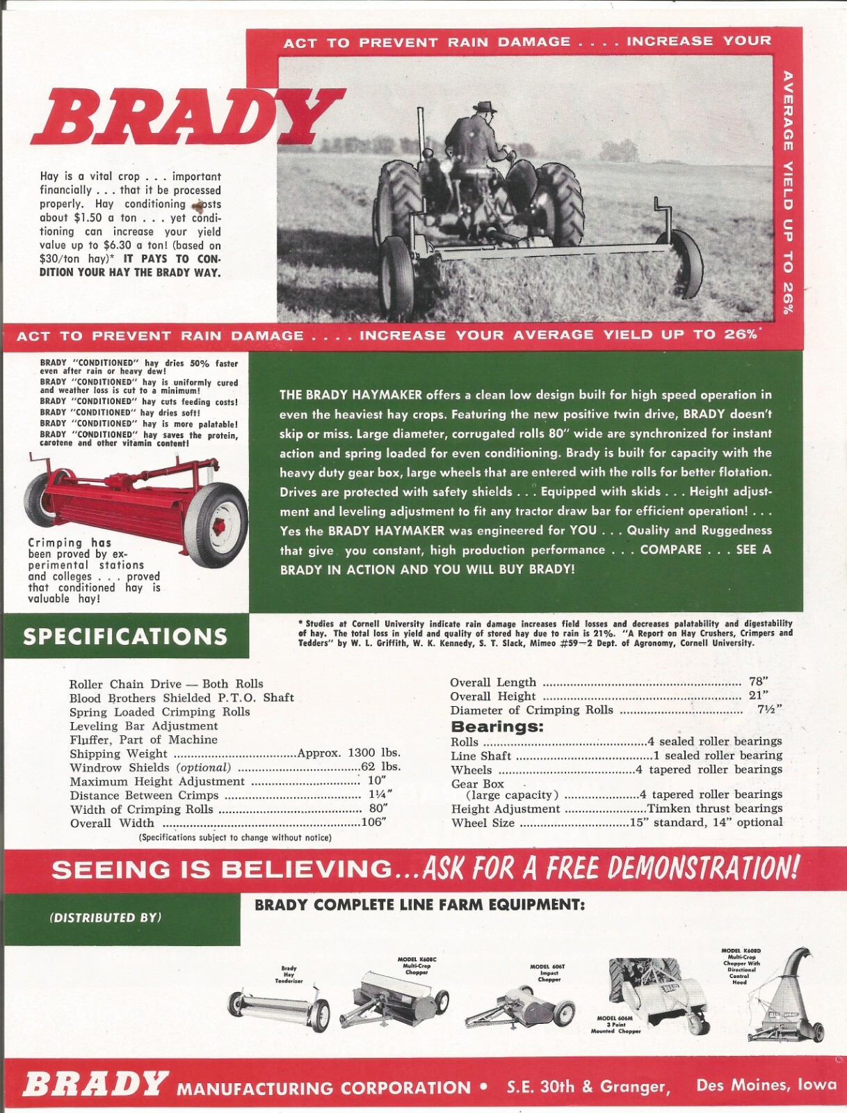 Original Brady Haymaker Single Page Specifications Sheet Sales Brochure