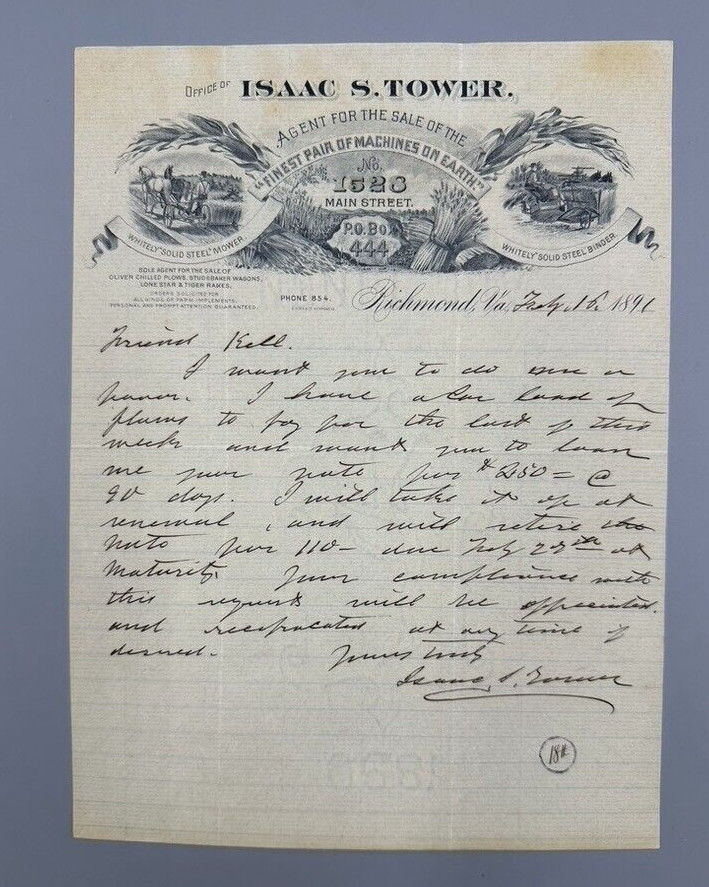 1891 WHITELY MOWER Binder FARM Advertising Isaac Tower Letter RICHMOND Virginia