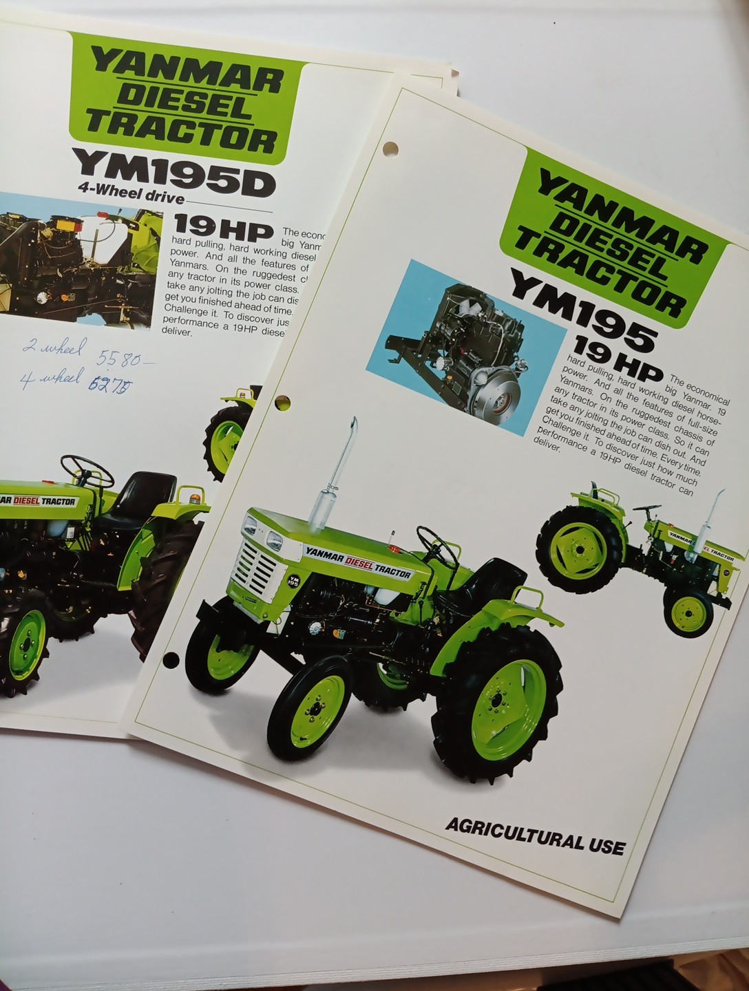 2 Yanmar Diesel Tractor YM195, YM195D Spec Sales Sheet Flyer Farm Equipment Agri