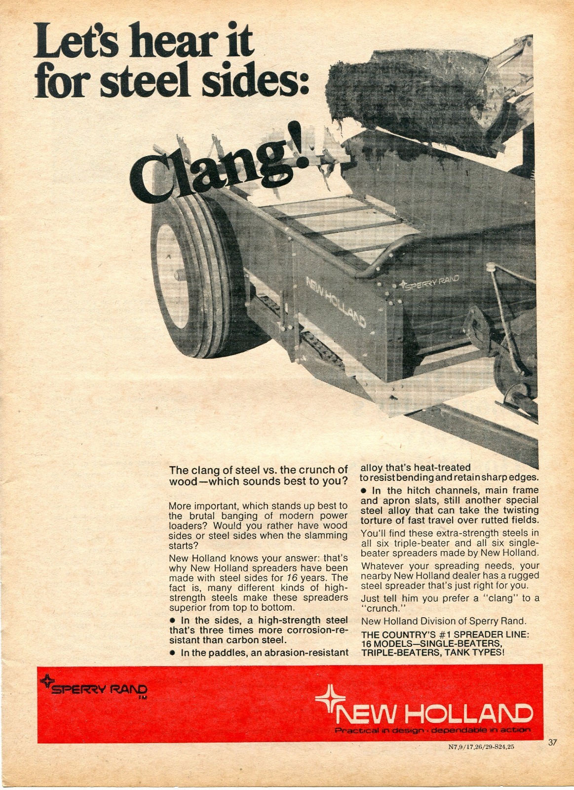 1970 Print Ad of Sperry Rand New Holland Farm Tractor Spreader clang!