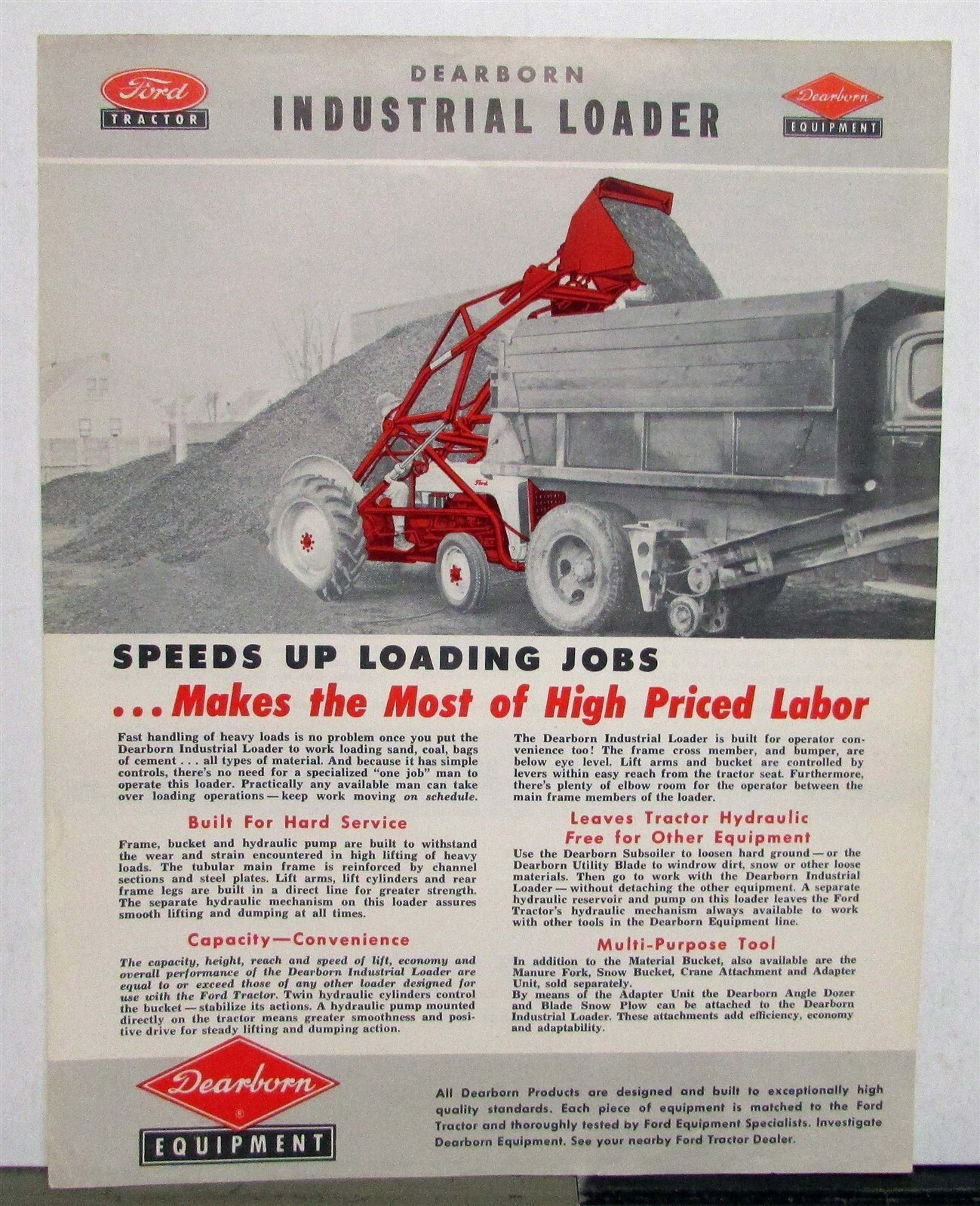 1954 Ford Tractor Dearborn Industrial Loader Specs Agriculture Sales Data Sheet
