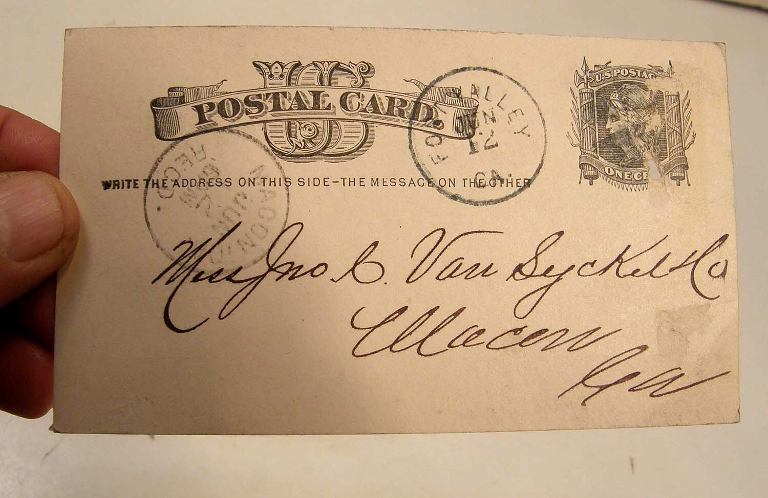 ANTIQUE 1882 POSTCARD H C HARRIS DOW LAW COTTON SEED PLANTER FORT VALLEY GA
