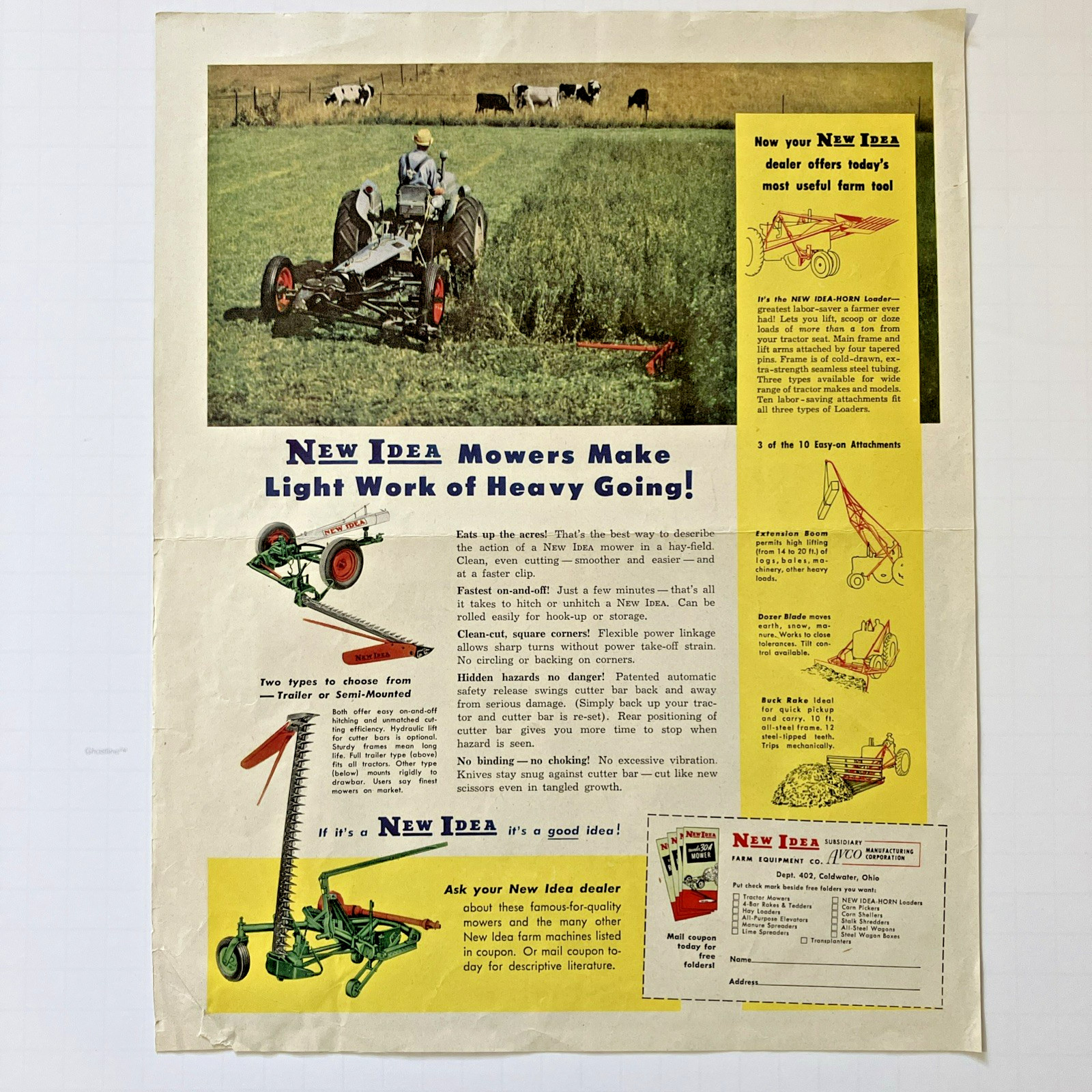 New Idea Mower Attachment Avco Manufacturing Corporation Vintage Print Ad 1952