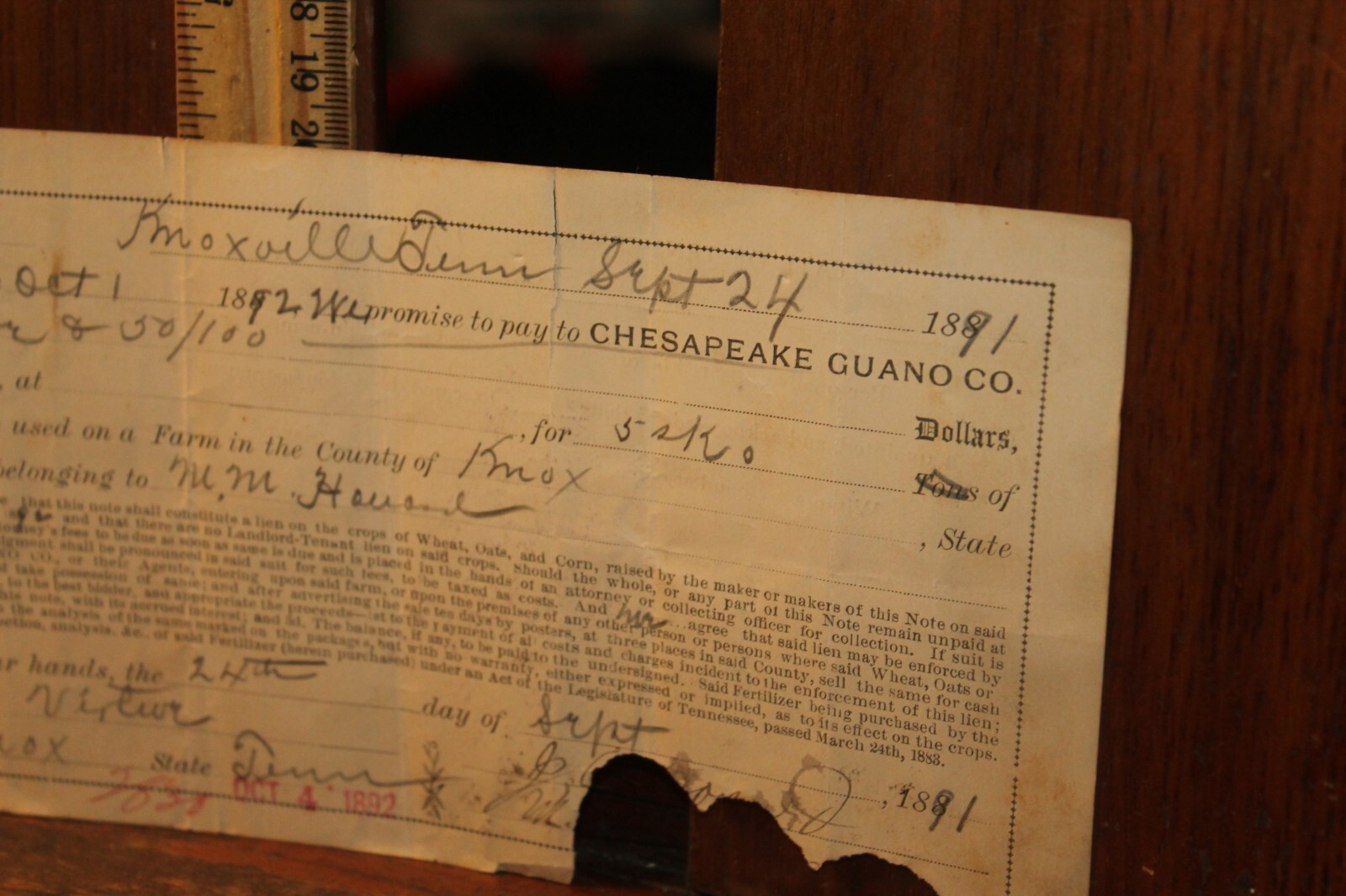 Antique Signed Receipt 1891 Chesapeake Guano Company