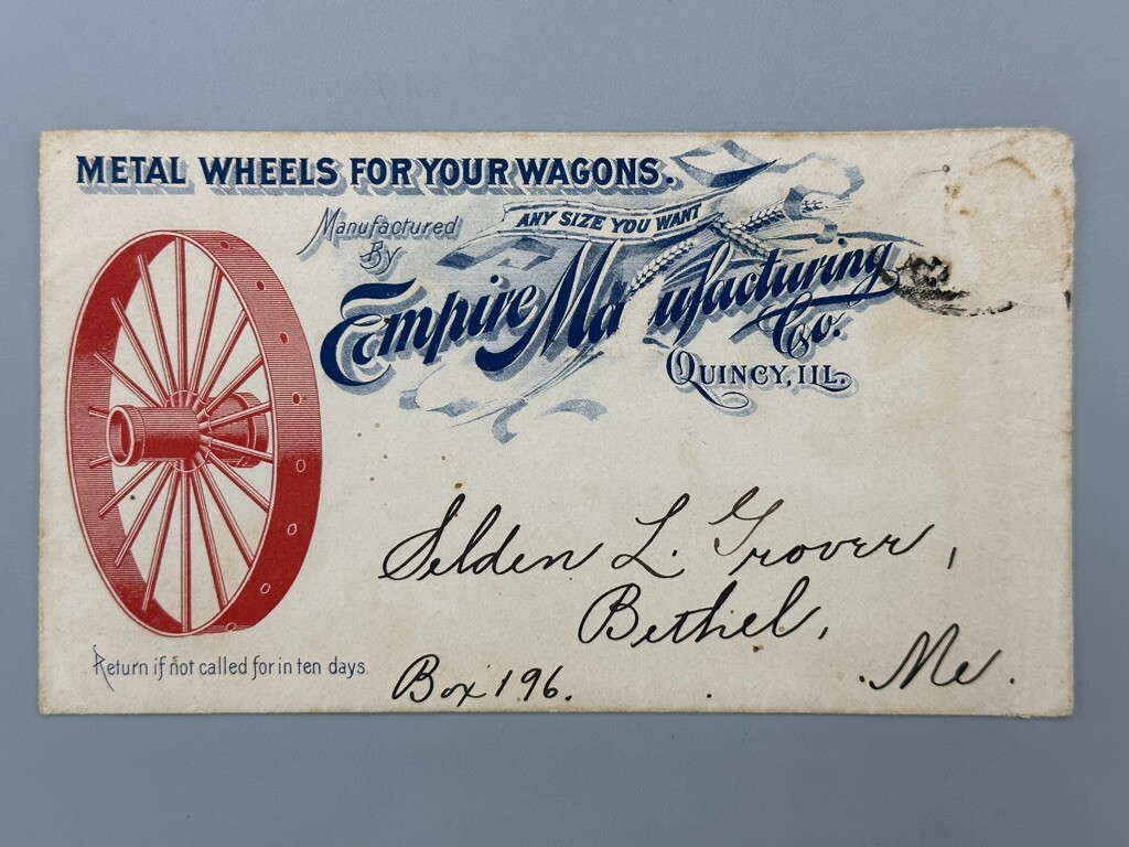 1895 EMPIRE WAGON WHEELS Advertising FARM Illustrated Postal Cover QUINCY IL