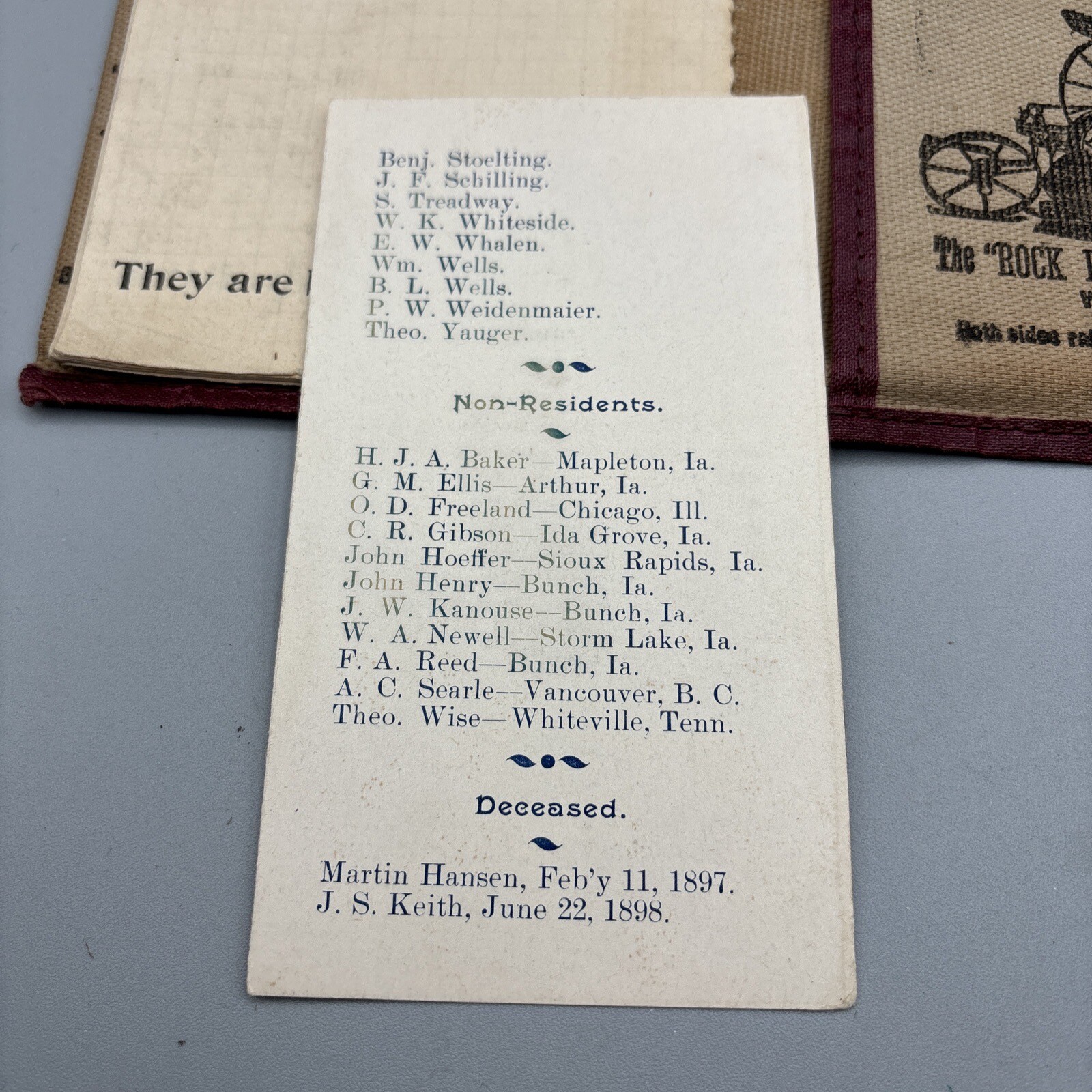 Antique Rock Island Plow Advert. Canvas Notebook & I.O.O.F Resume Schaller, IA